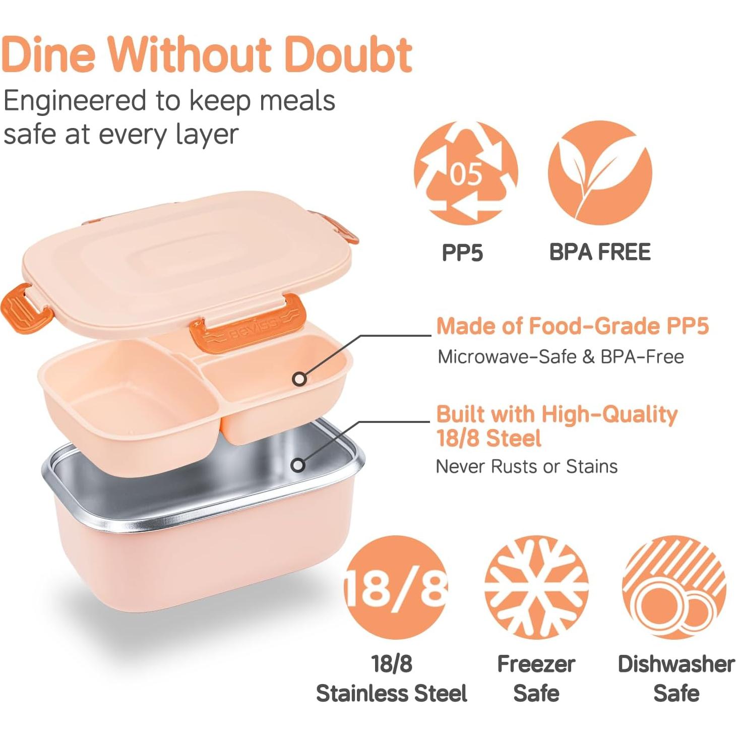 Caja Bento Beviss de Acero Inoxidable 18/8 Rosa con Tarro y Bolsa