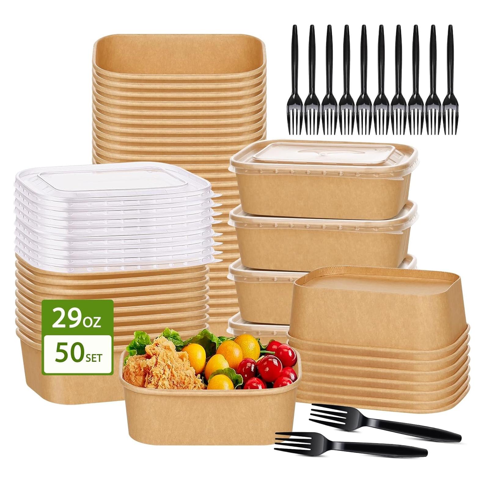 Paquete de 50 Tazones de Papel Kraft 29oz con Tapas y Tenedores