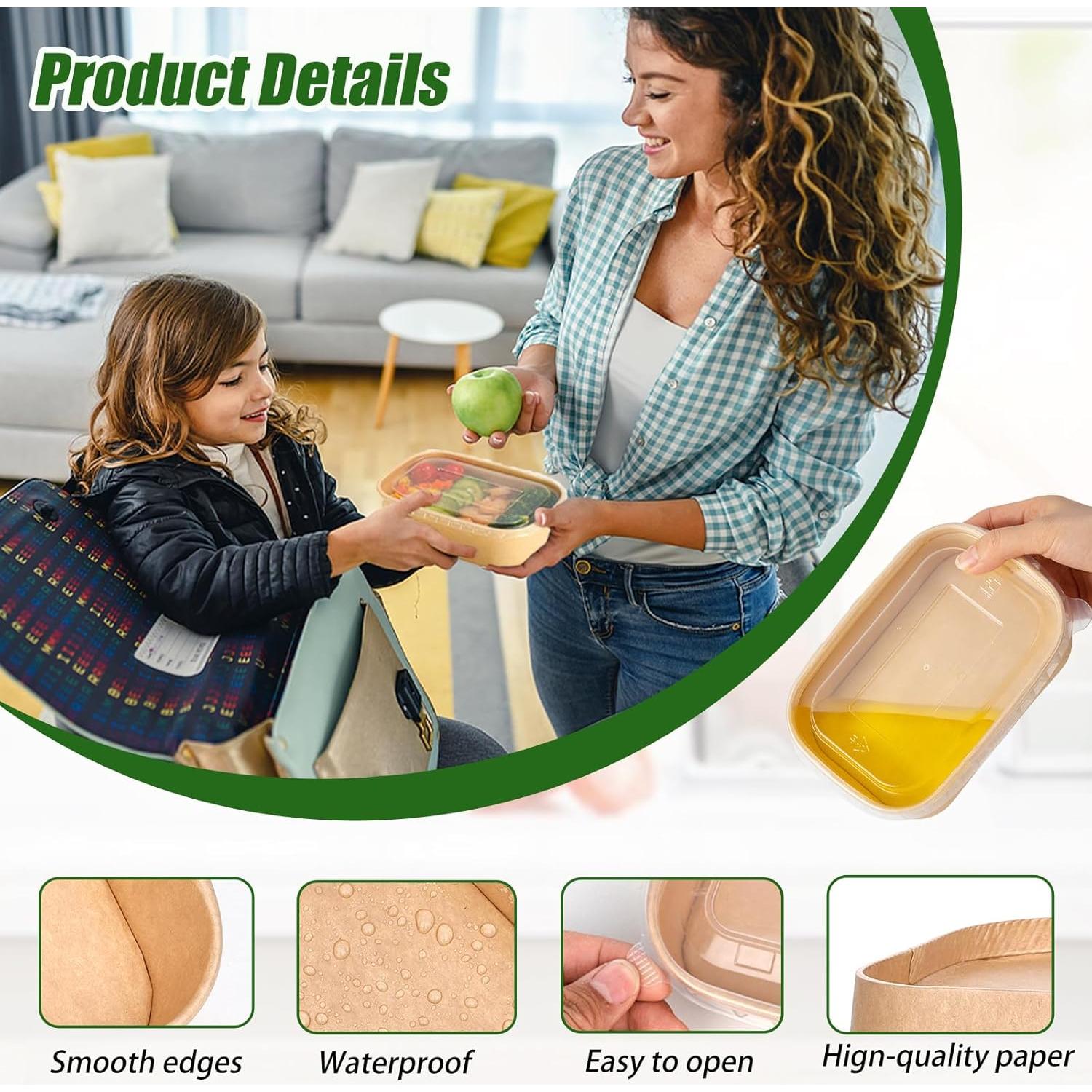 Paquete de 50 Tazones de Papel Kraft 29oz con Tapas y Tenedores