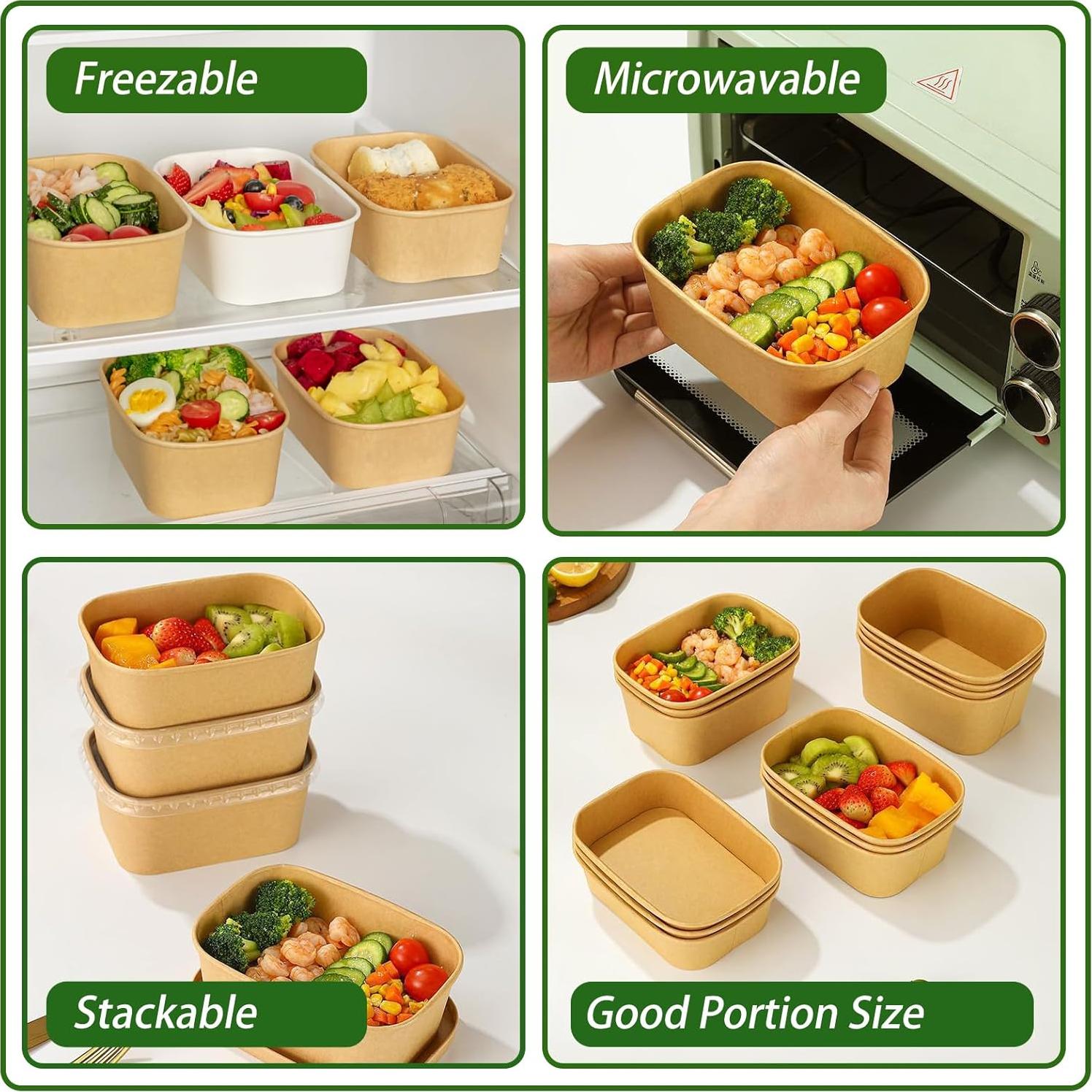 Paquete de 50 Tazones de Papel Kraft 29oz con Tapas y Tenedores