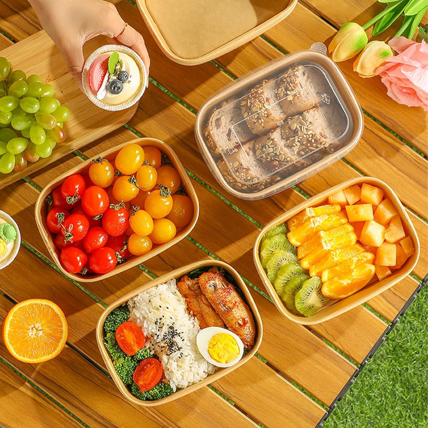 Paquete de 50 Tazones de Papel Kraft 29oz con Tapas y Tenedores