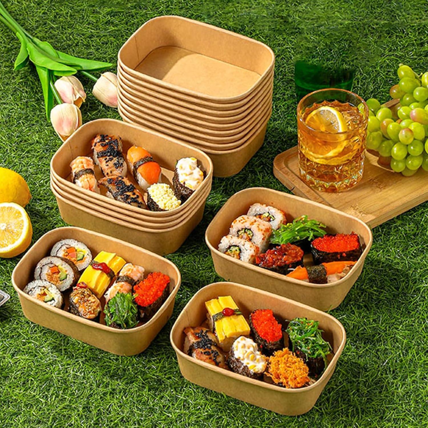 Paquete de 50 Tazones de Papel Kraft 29oz con Tapas y Tenedores