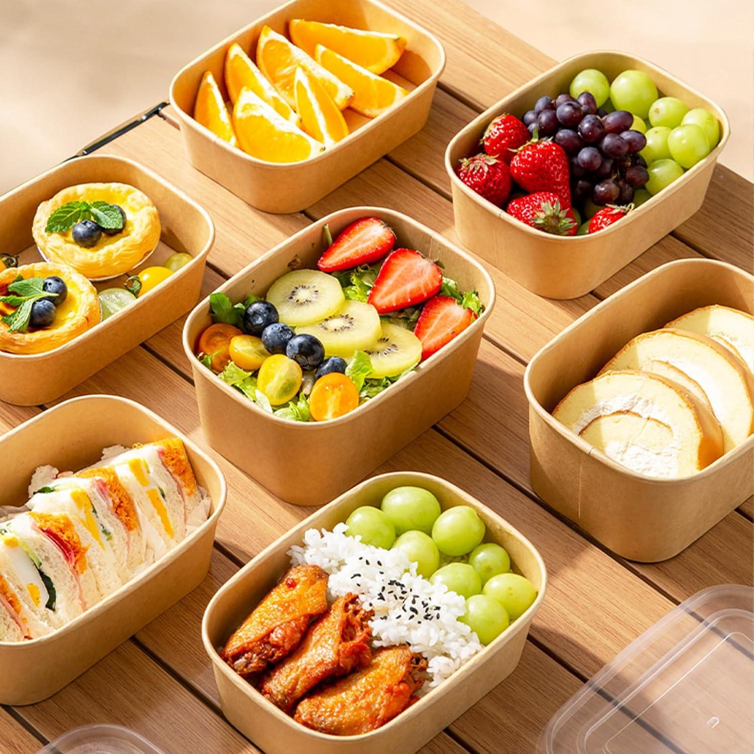 Paquete de 50 Tazones de Papel Kraft 29oz con Tapas y Tenedores