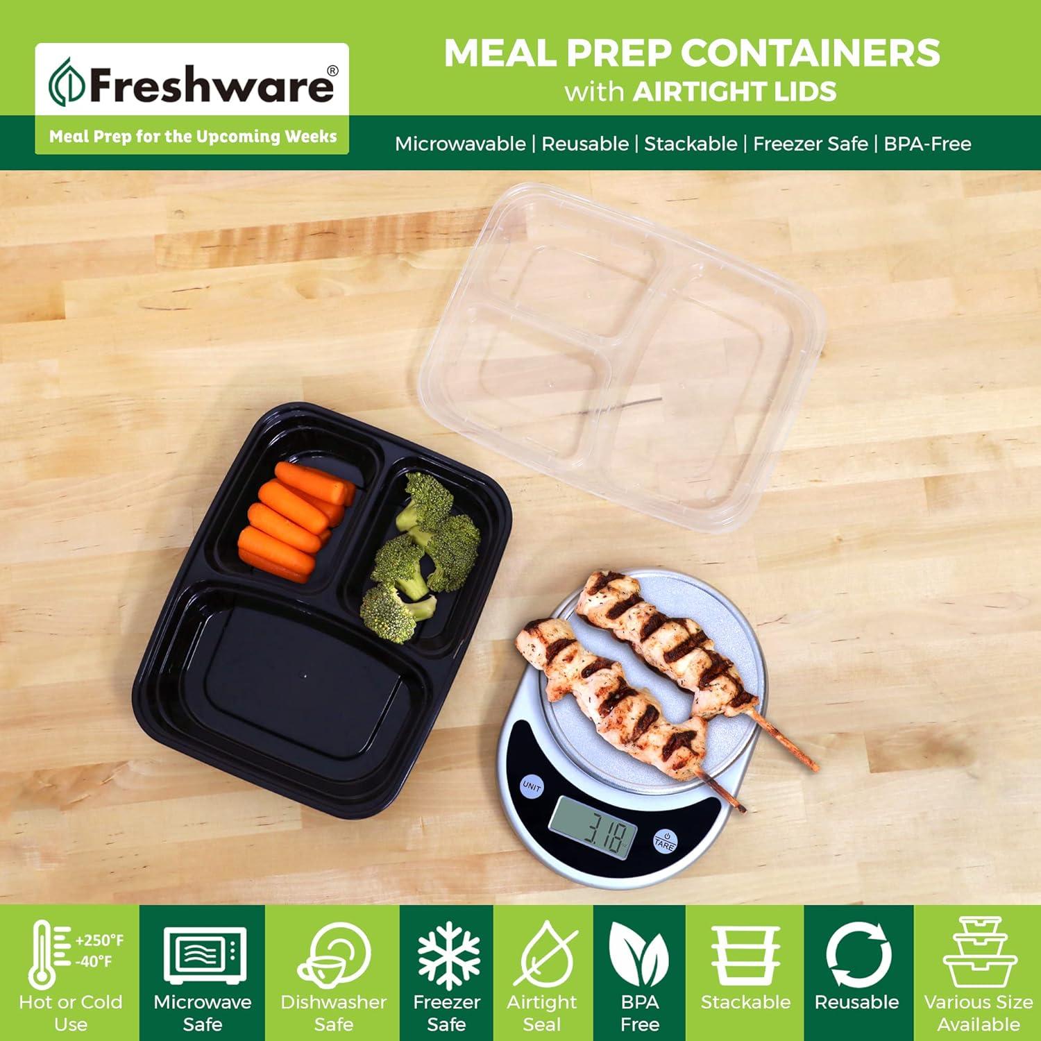 Contenedores de Preparación de Comidas Freshware 50 Piezas 3 Compartimentos 680 ml