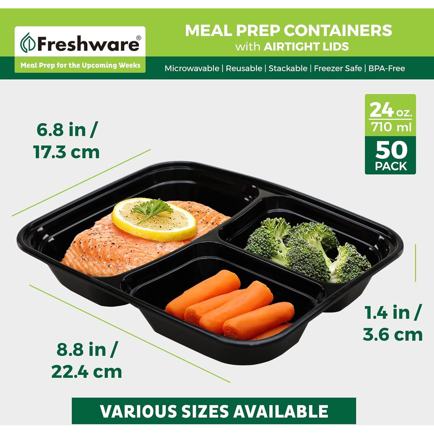 Contenedores de Preparación de Comidas Freshware 50 Piezas 3 Compartimentos 680 ml