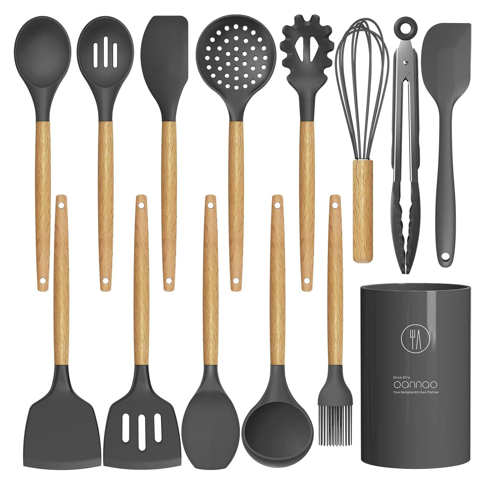 Juego de Utensilios de Cocina de Silicona Oannao 14 Piezas Gris