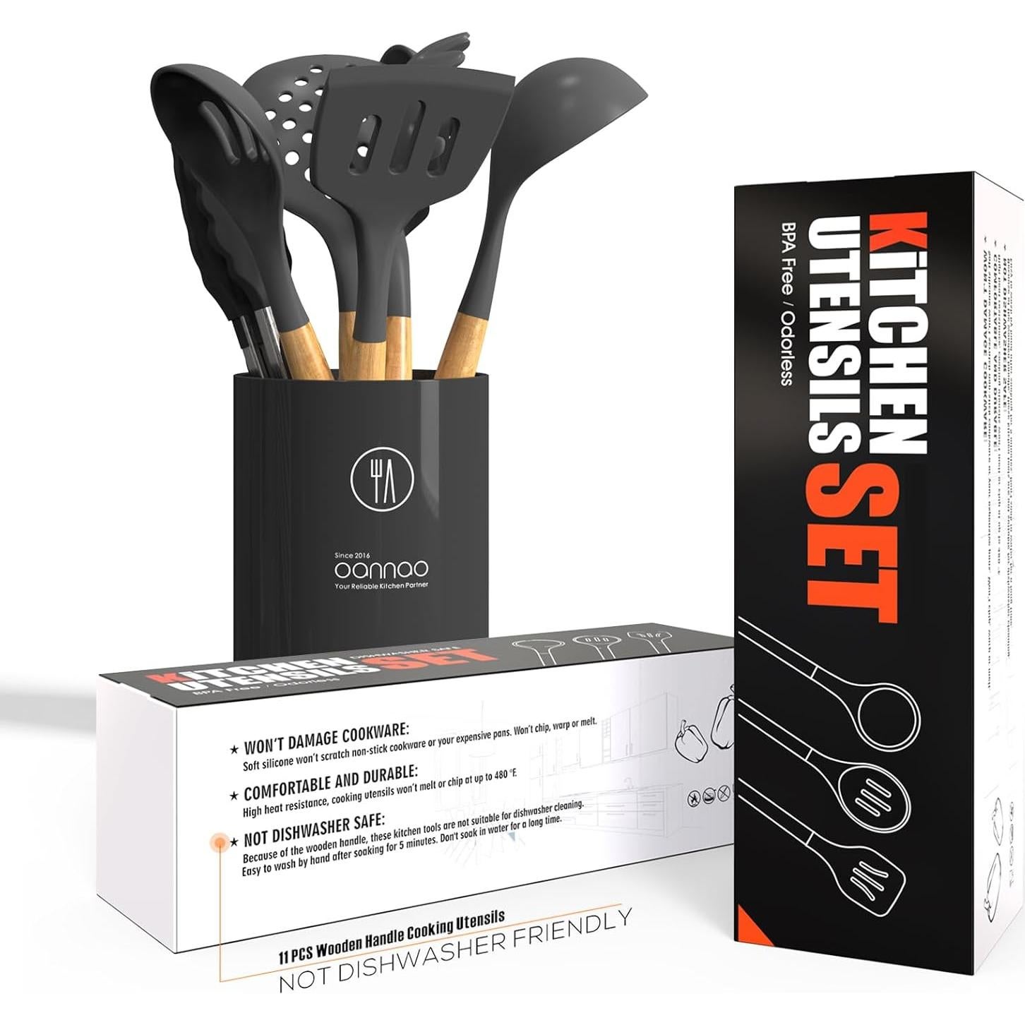 Juego de Utensilios de Cocina de Silicona Oannao 14 Piezas Gris