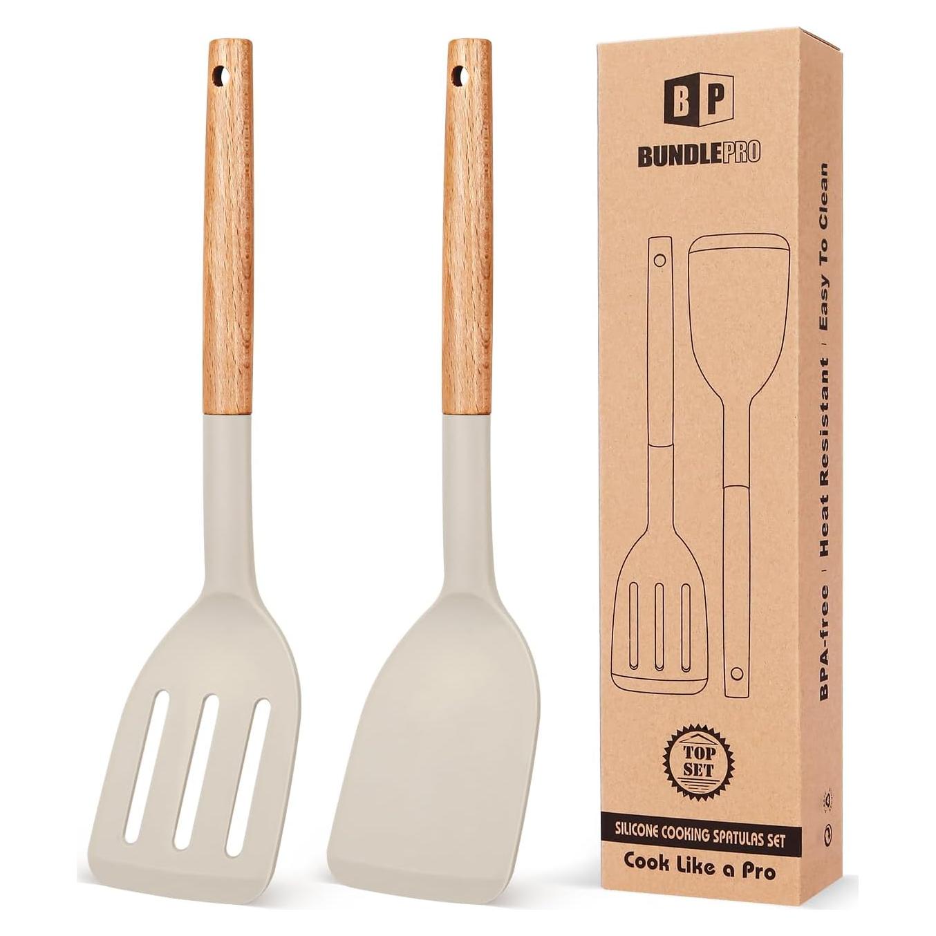 Juego de 2 Espátulas de Silicona BUNDLEPRO, Mango de Madera, Antiadherentes
