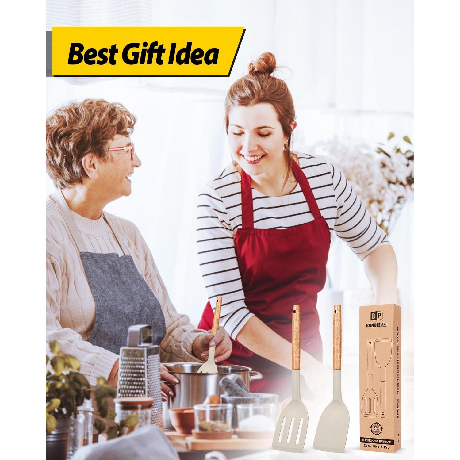 Juego de 2 Espátulas de Silicona BUNDLEPRO, Mango de Madera, Antiadherentes