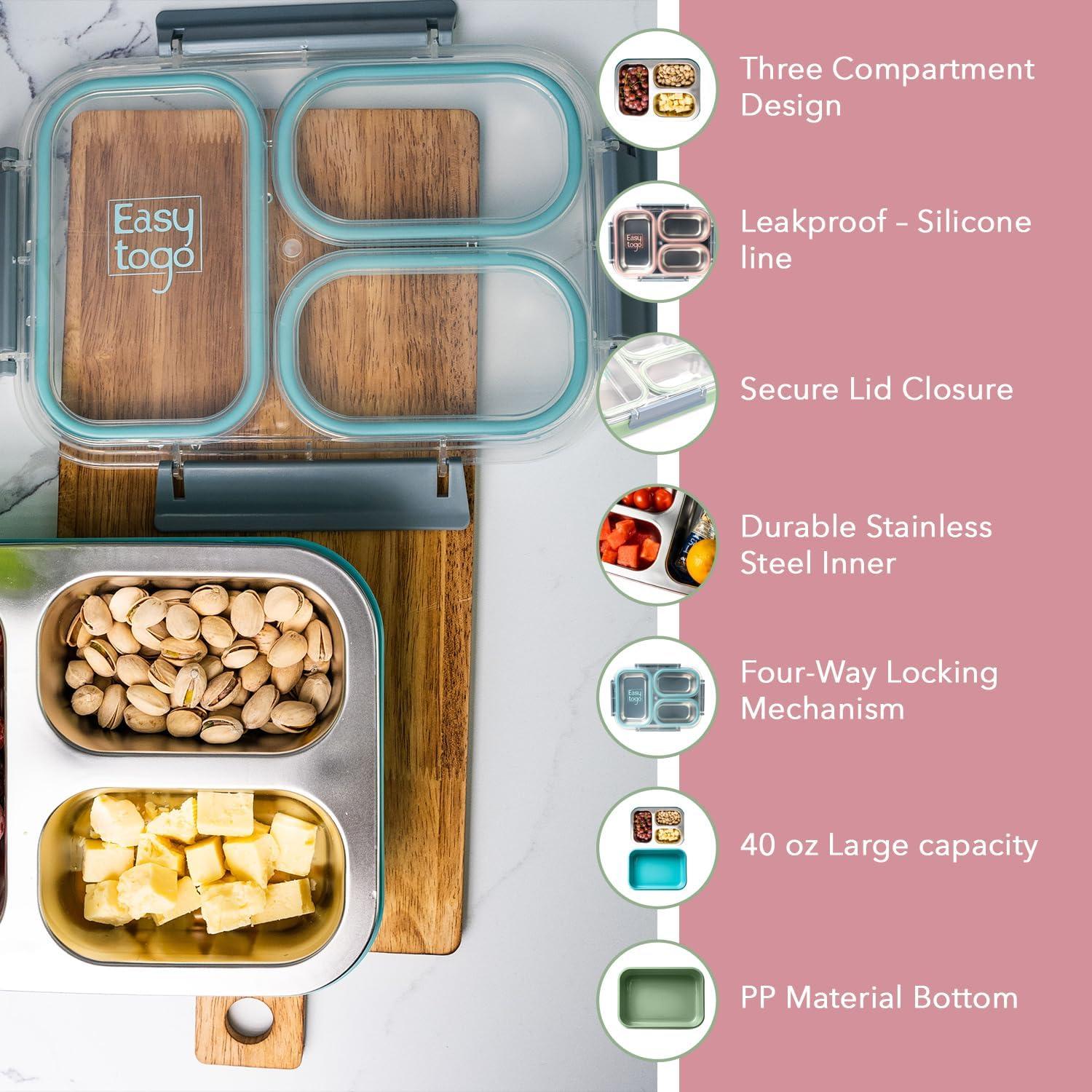 Caja Bento Acero Inoxidable Easy Togo 3 Compartimentos 1134ml Azul