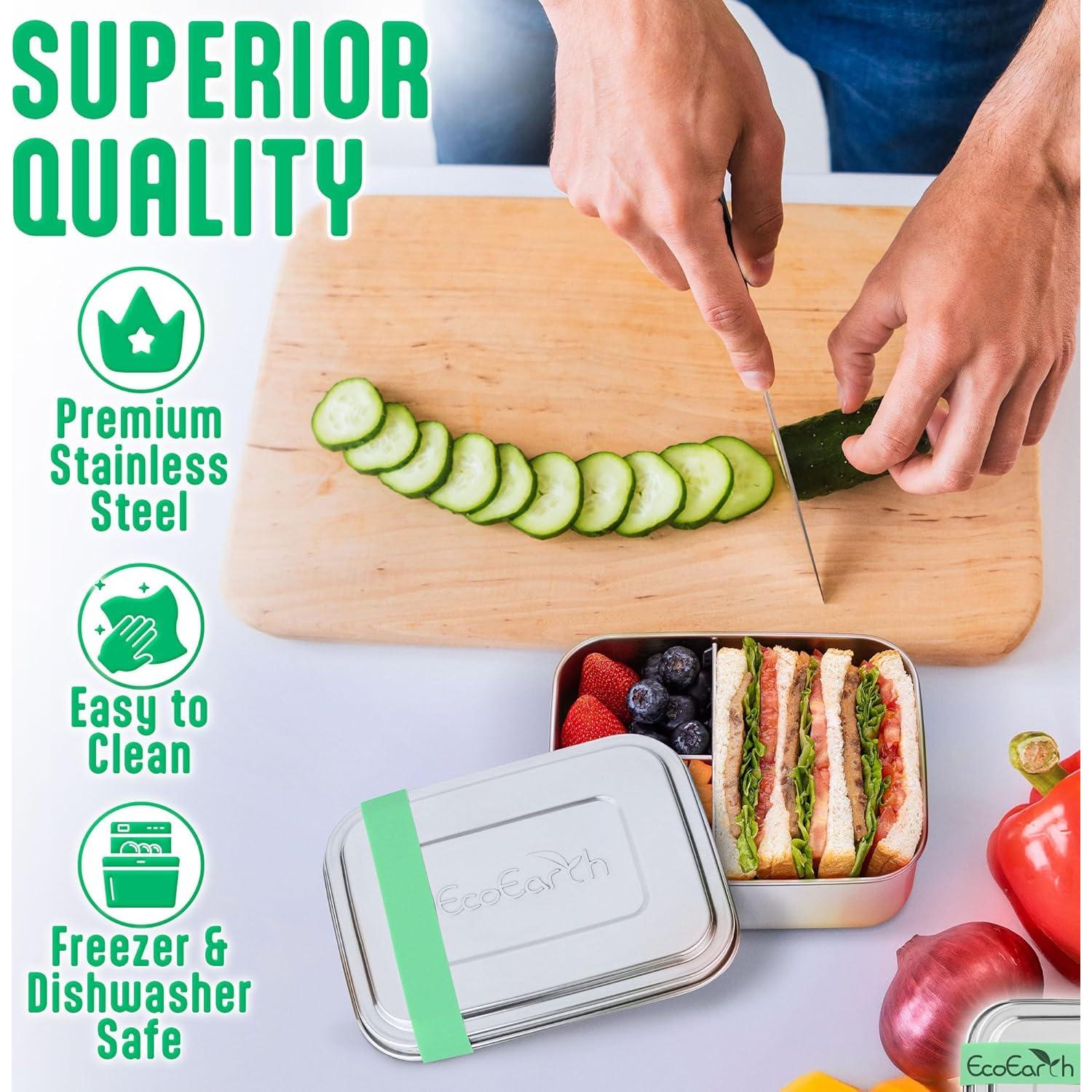 Caja Bento de Acero Inoxidable EcoEarth - 765 g - 3 Compartimentos