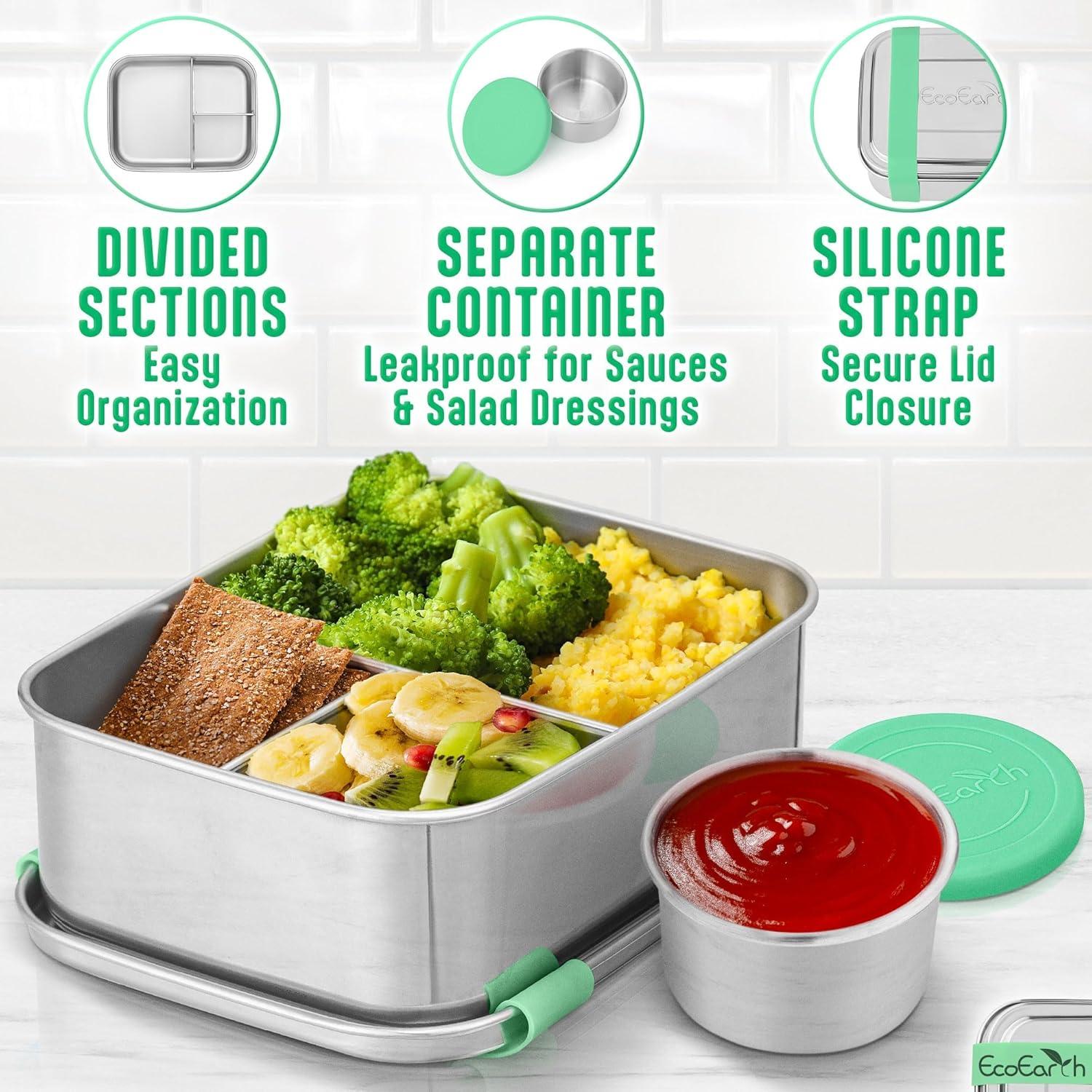 Caja Bento de Acero Inoxidable EcoEarth - 765 g - 3 Compartimentos