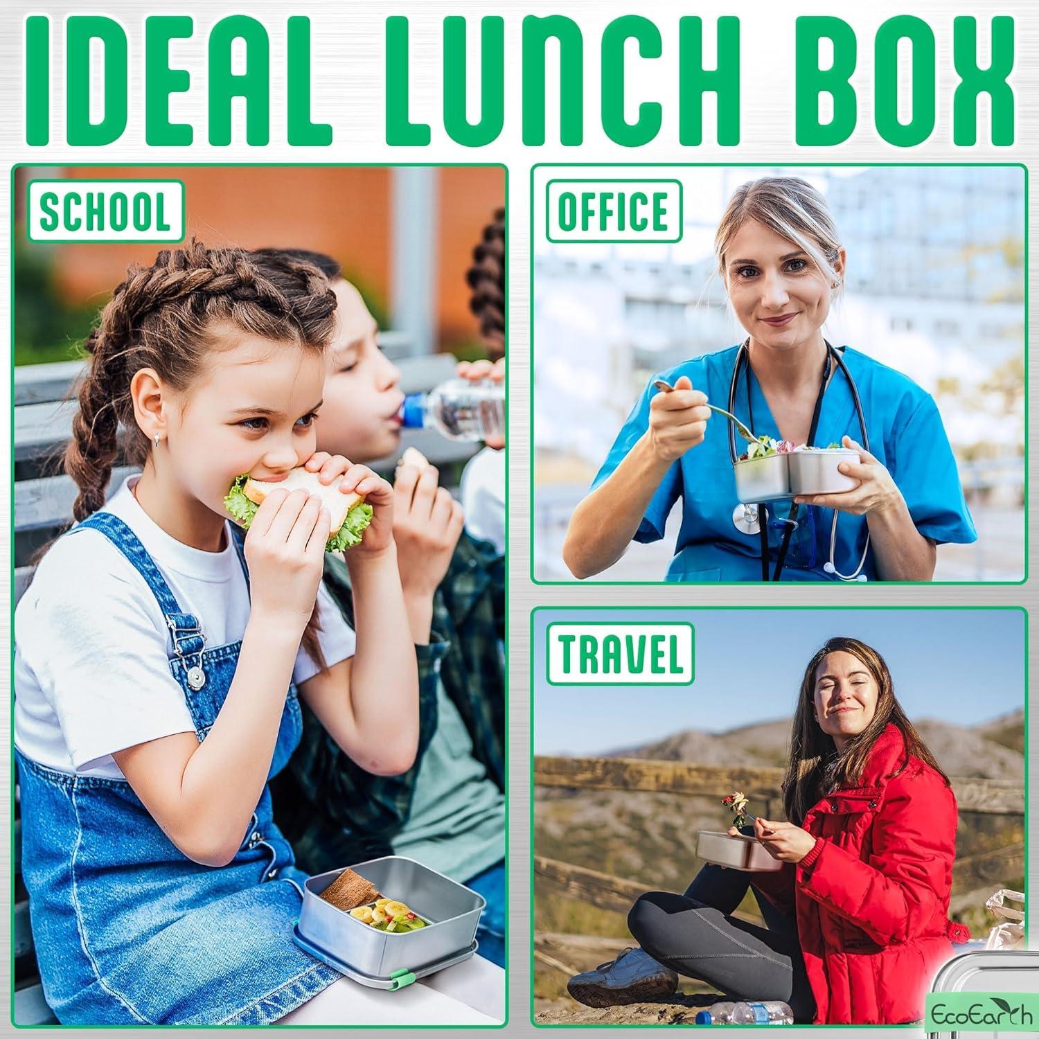 Caja Bento de Acero Inoxidable EcoEarth - 765 g - 3 Compartimentos