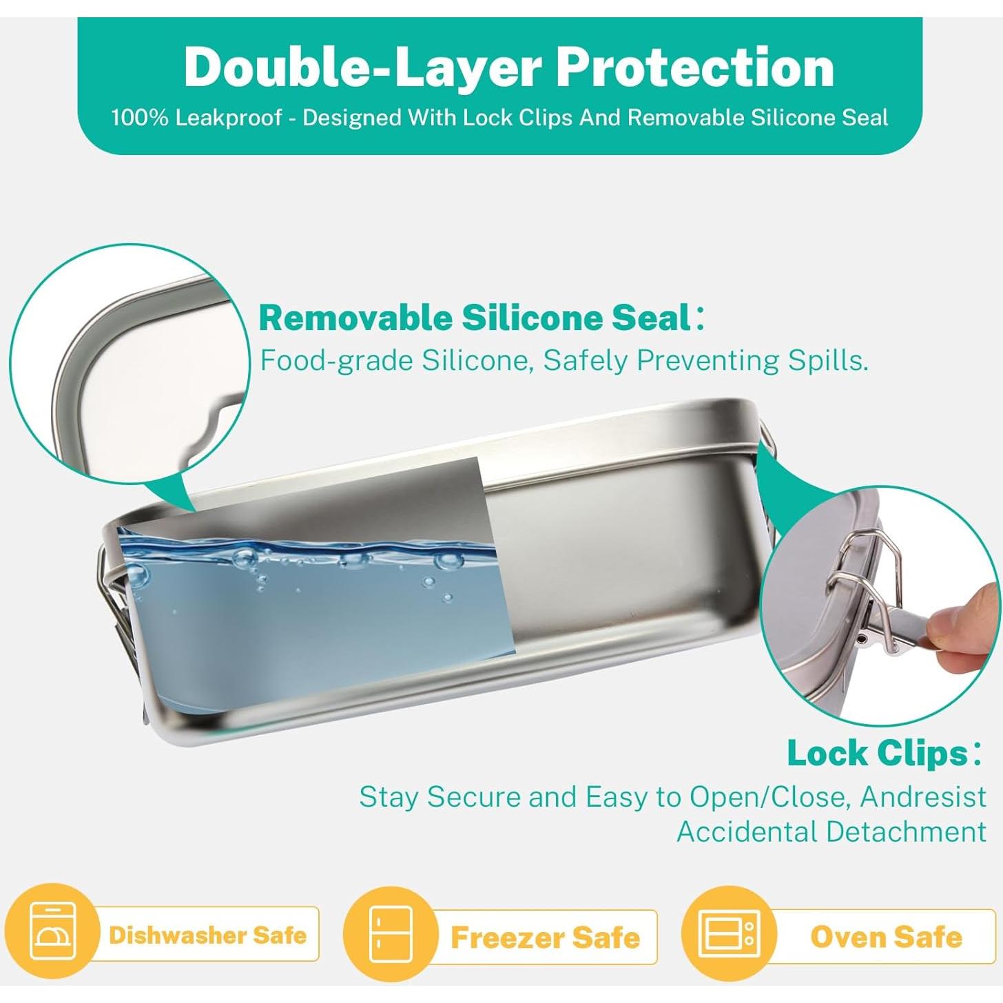 Caja Bento de Acero Inoxidable LEEPENK 1.2L con 3 Compartimentos