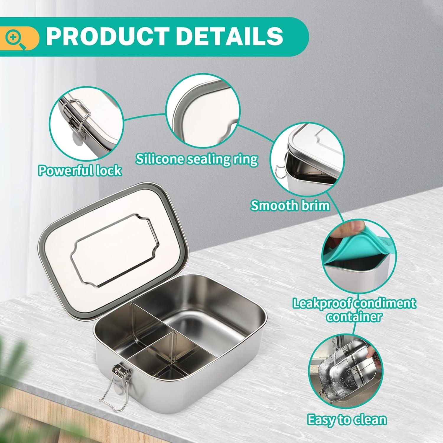 Caja Bento de Acero Inoxidable LEEPENK 1.2L con 3 Compartimentos