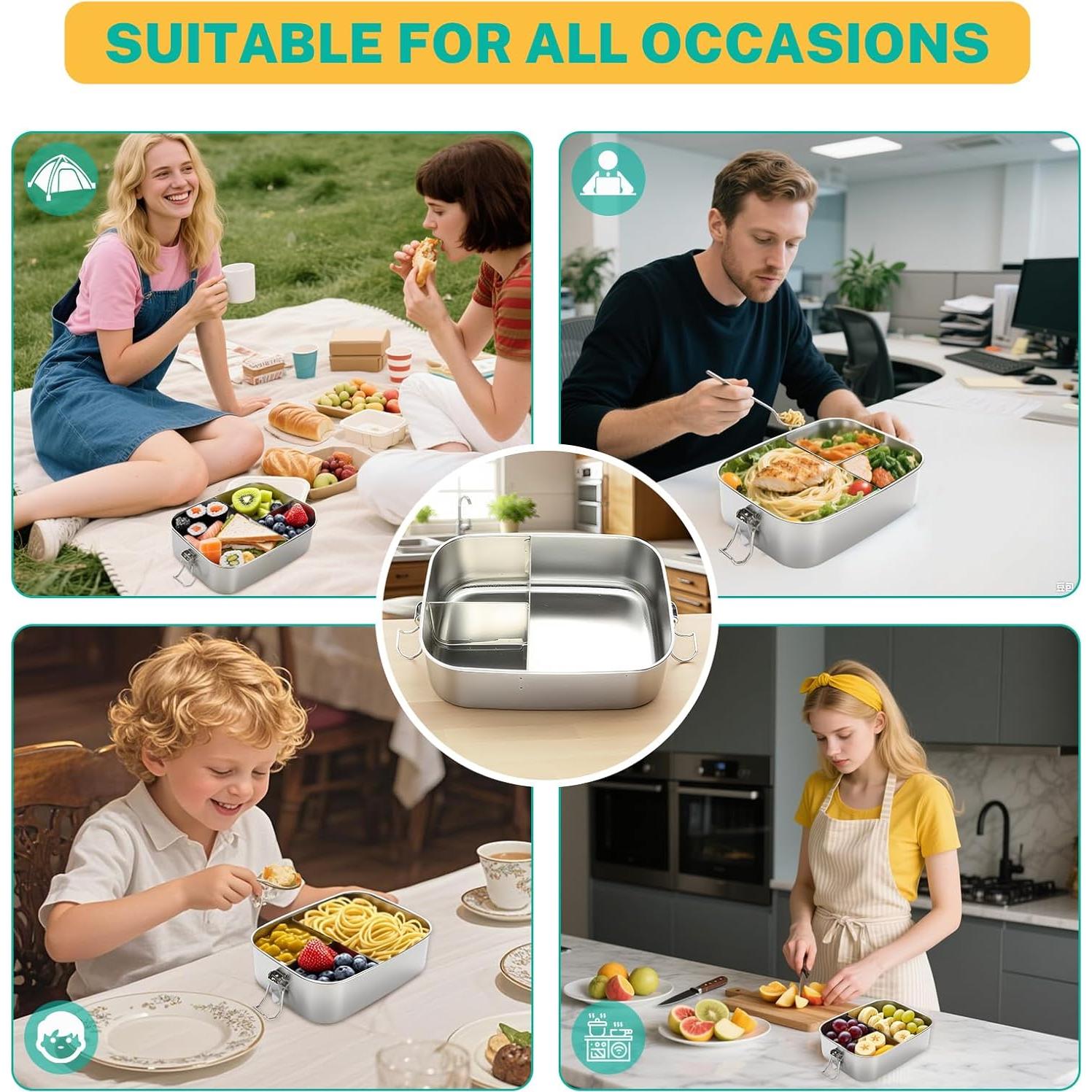 Caja Bento de Acero Inoxidable LEEPENK 1.2L con 3 Compartimentos