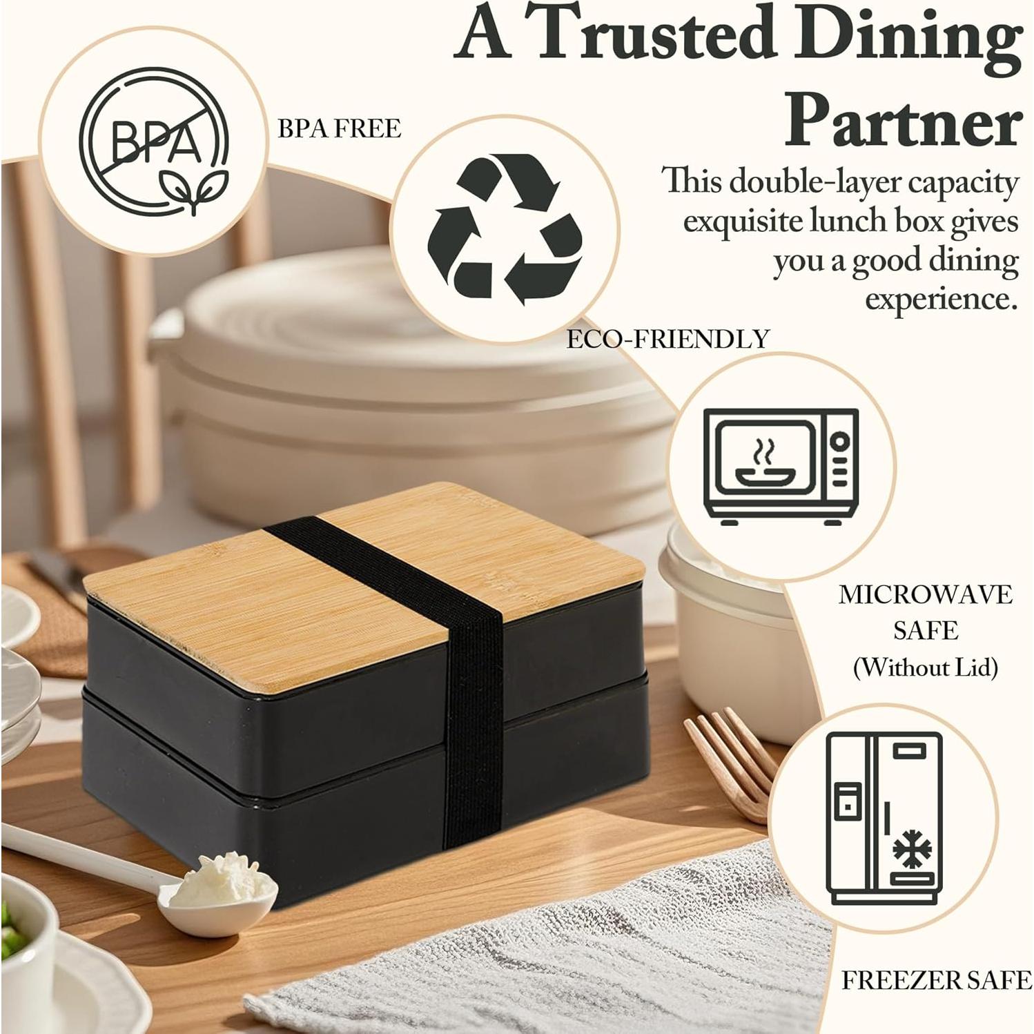 Caja Bento Japonesa Yilucaiyuan 1.13L con Utensilios y Tapa de Bambú