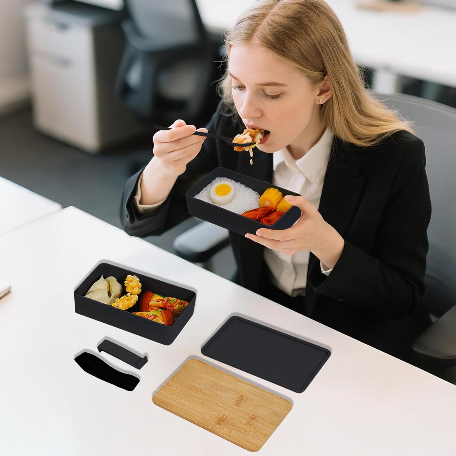 Caja Bento Japonesa Yilucaiyuan 1.13L con Utensilios y Tapa de Bambú