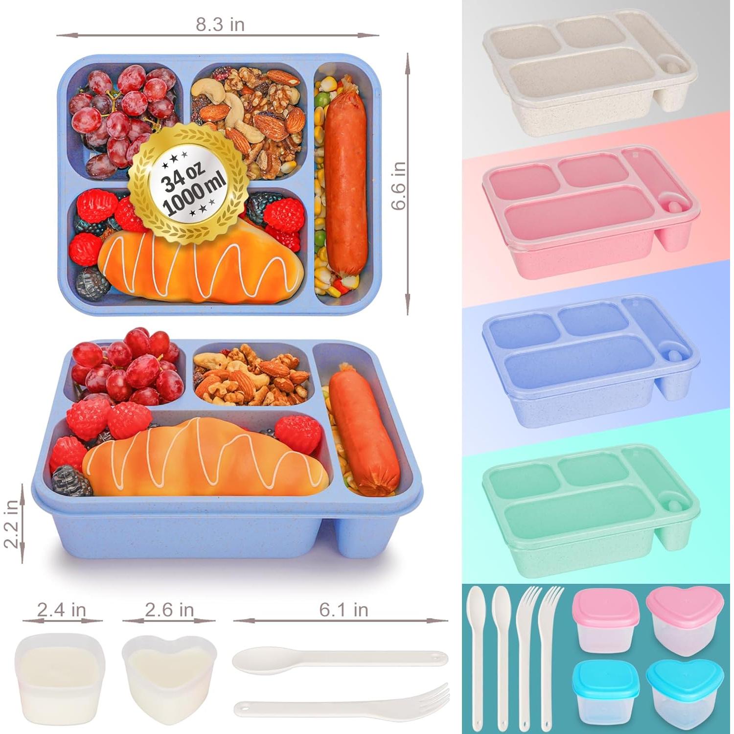 Caja Bento 36oz TOUWMX 4 Compartimentos Reutilizable Verde/Azul/Rosa