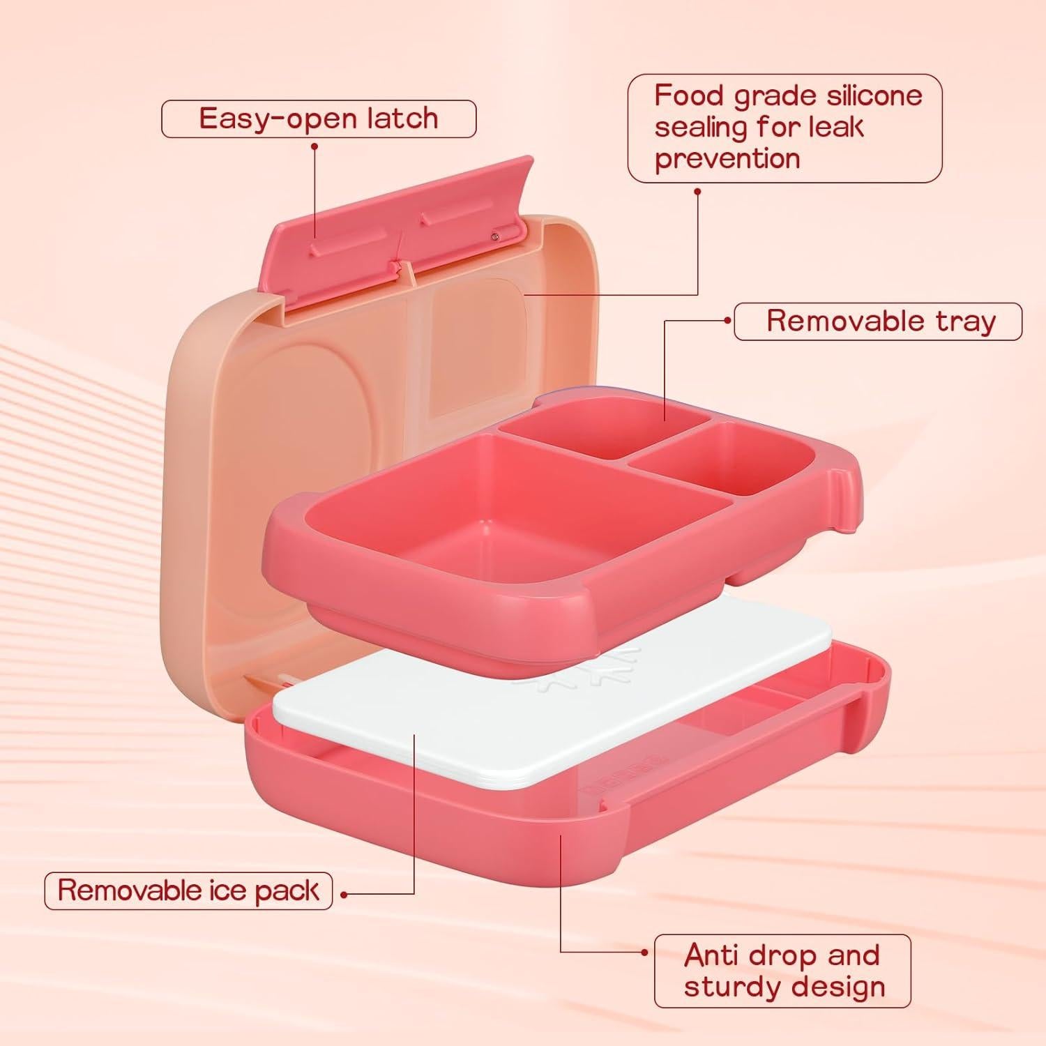 Caja de Almuerzo MAISON HUIS Rosa 3 Compartimentos a Prueba de Fugas