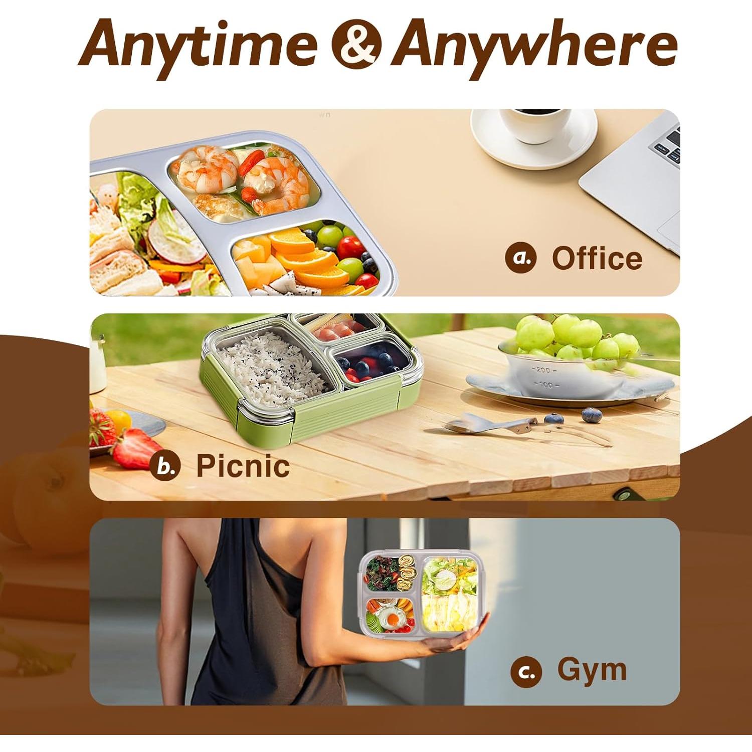 Caja Bento Acero Inoxidable 304 JKT HOME 3 Compartimentos Verde