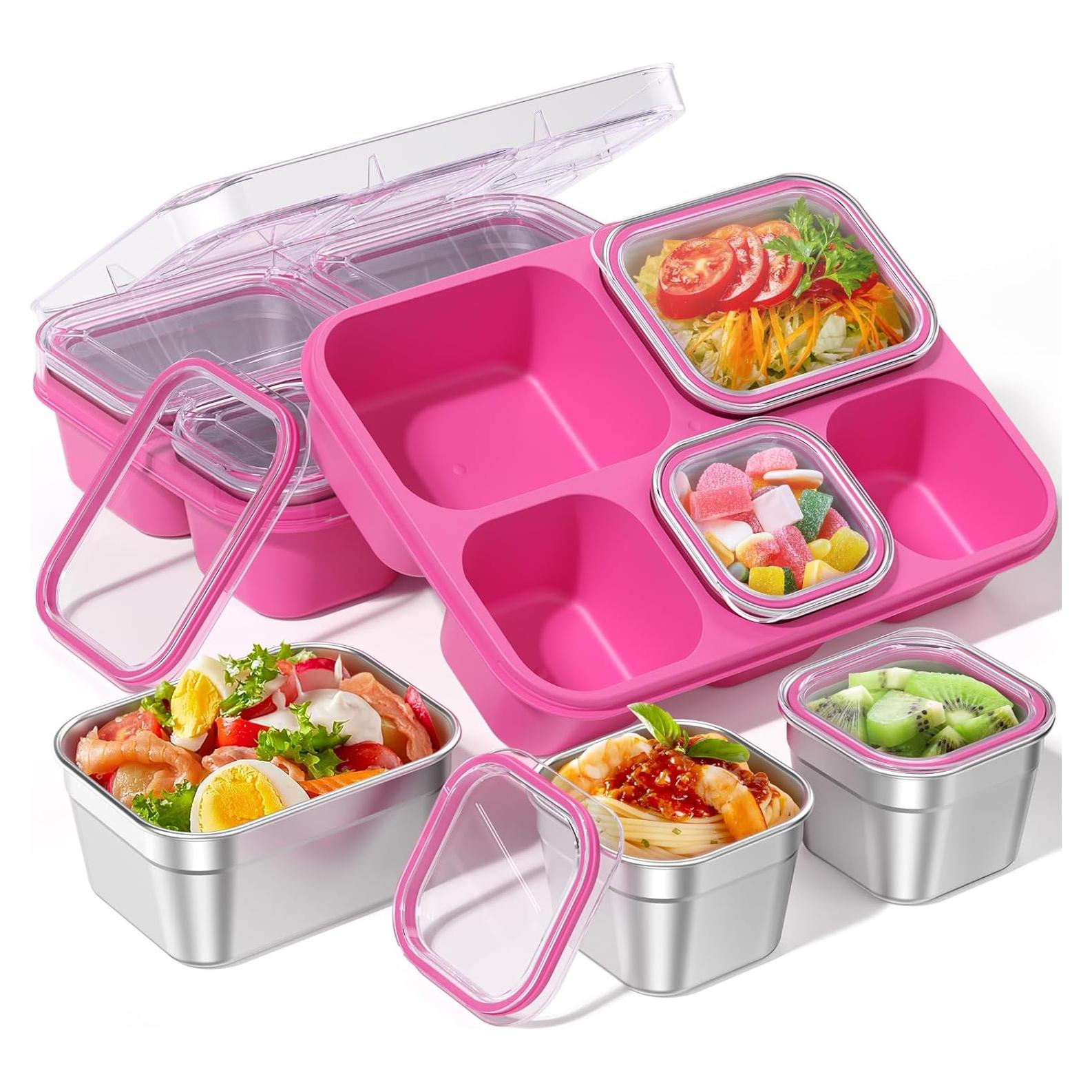 Contenedor Snackle Box BiuLeon Rosa Acero Inoxidable 5 Compartimentos