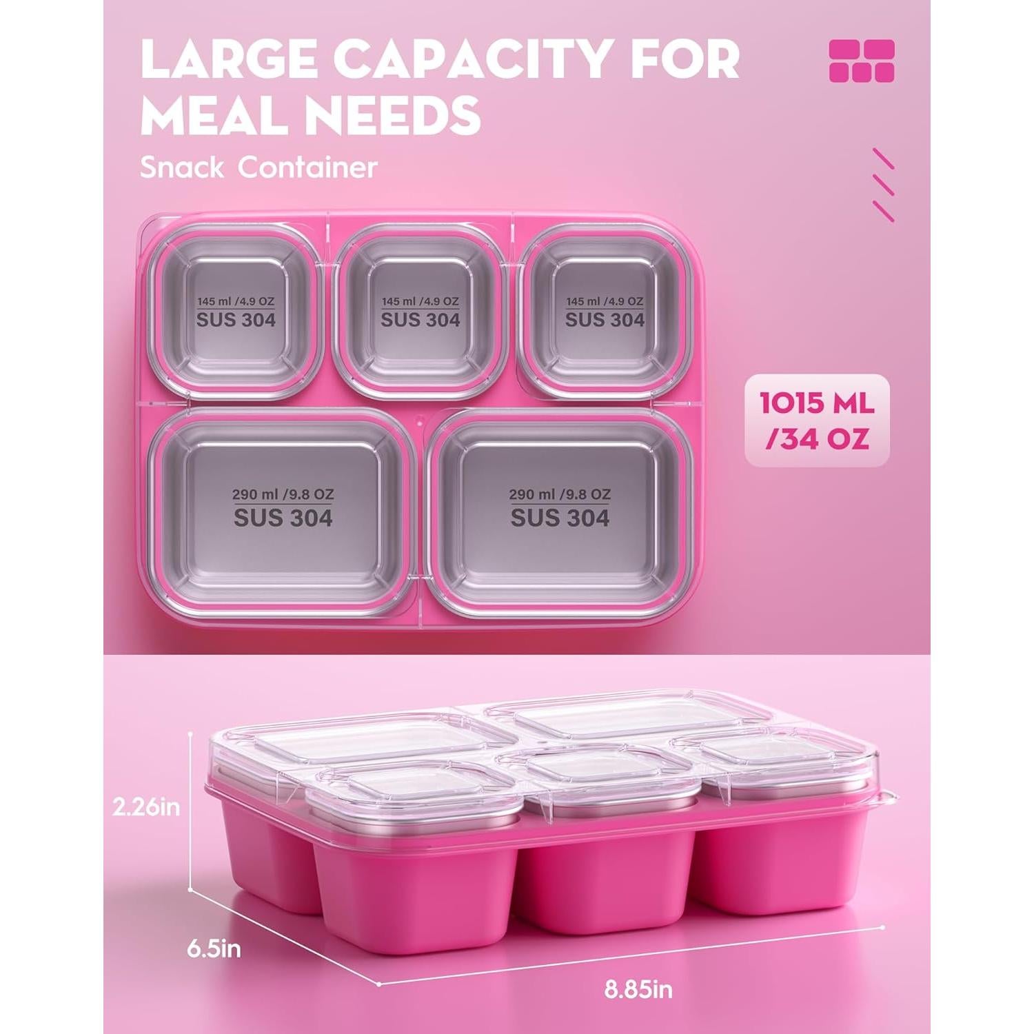 Contenedor Snackle Box BiuLeon Rosa Acero Inoxidable 5 Compartimentos