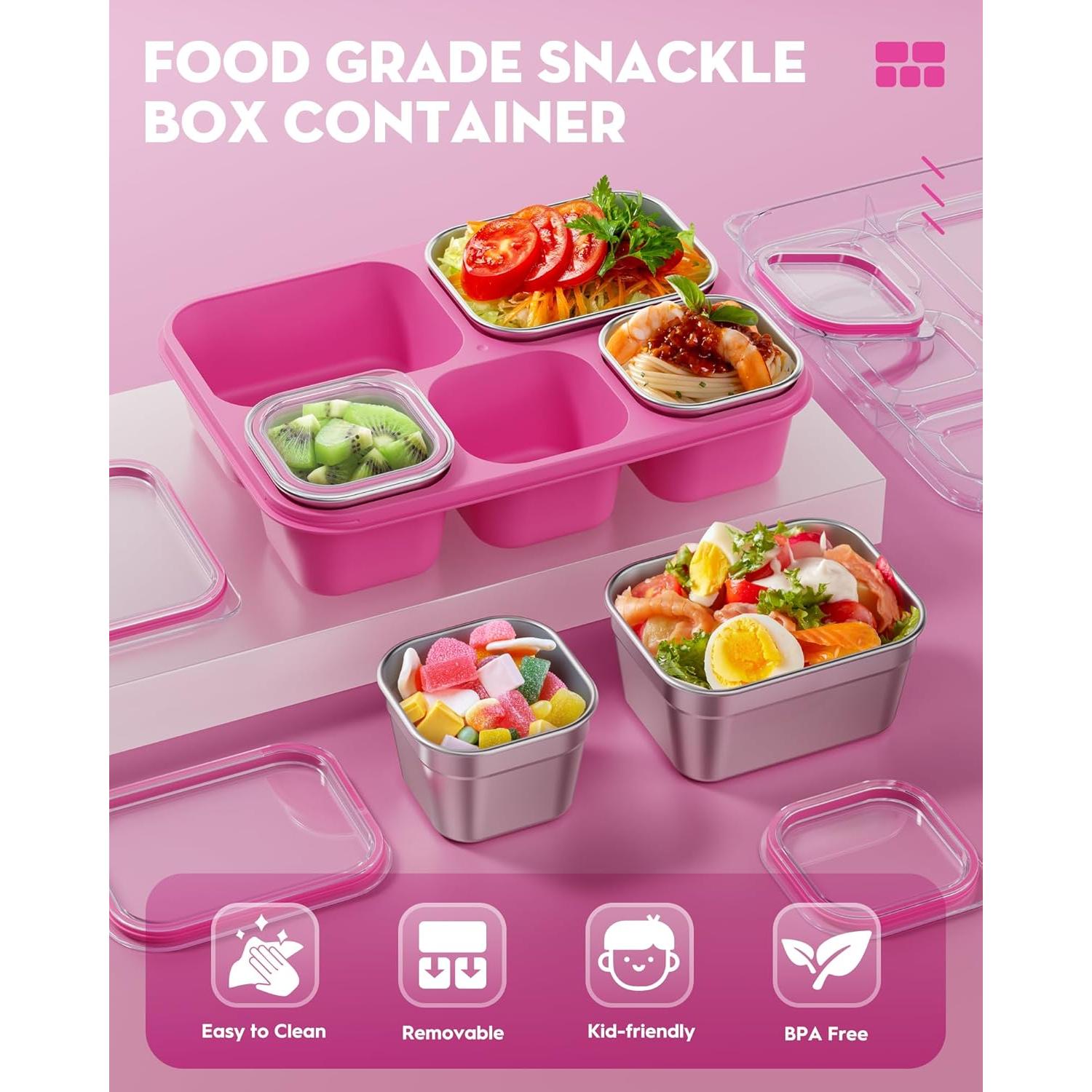Contenedor Snackle Box BiuLeon Rosa Acero Inoxidable 5 Compartimentos