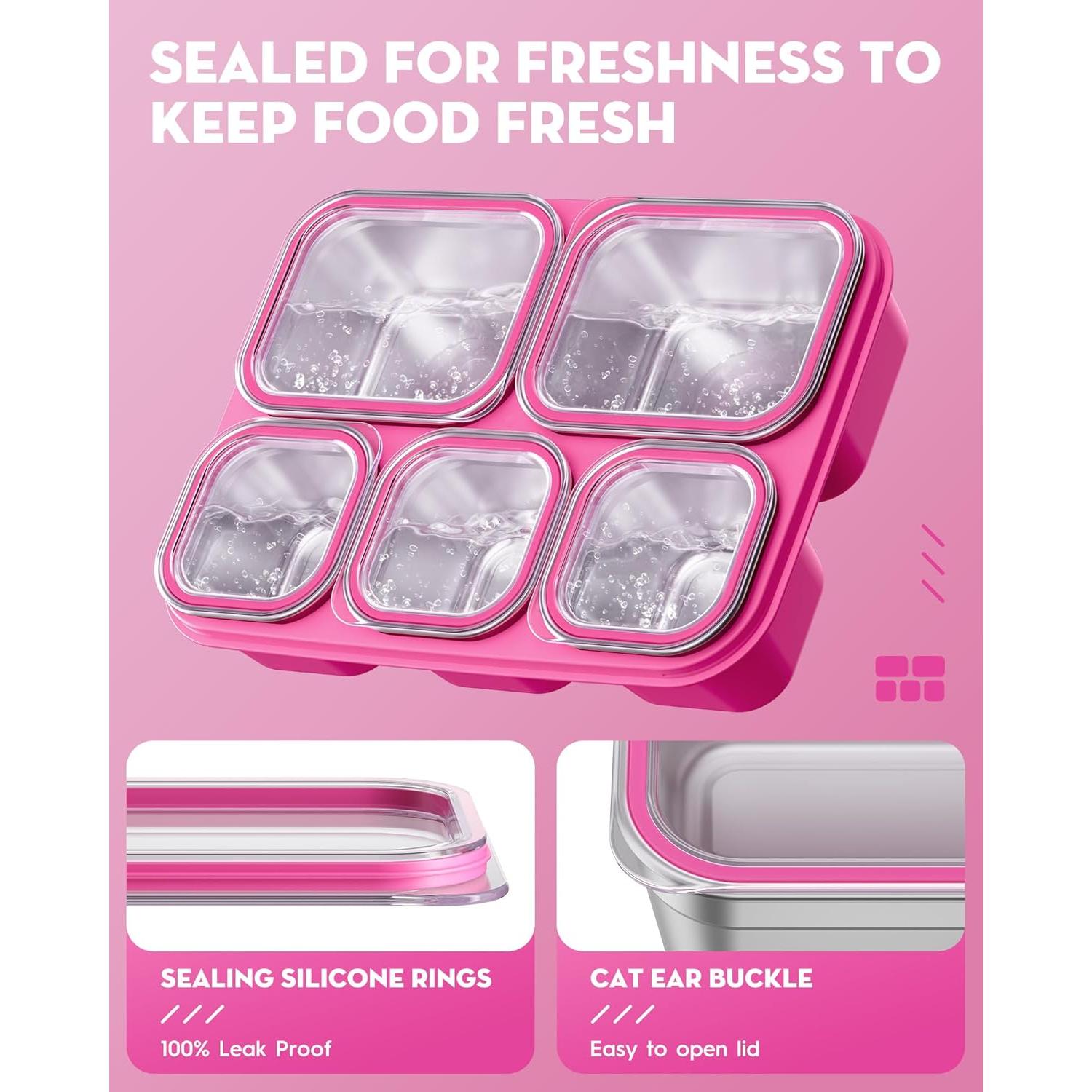 Contenedor Snackle Box BiuLeon Rosa Acero Inoxidable 5 Compartimentos