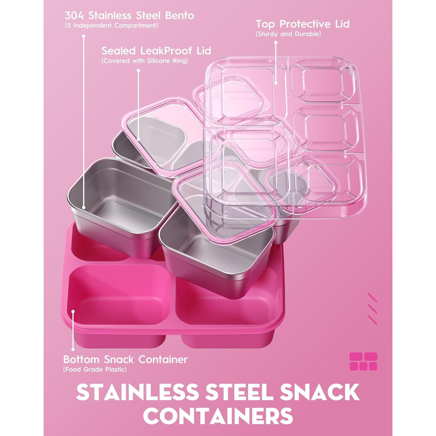 Contenedor Snackle Box BiuLeon Rosa Acero Inoxidable 5 Compartimentos