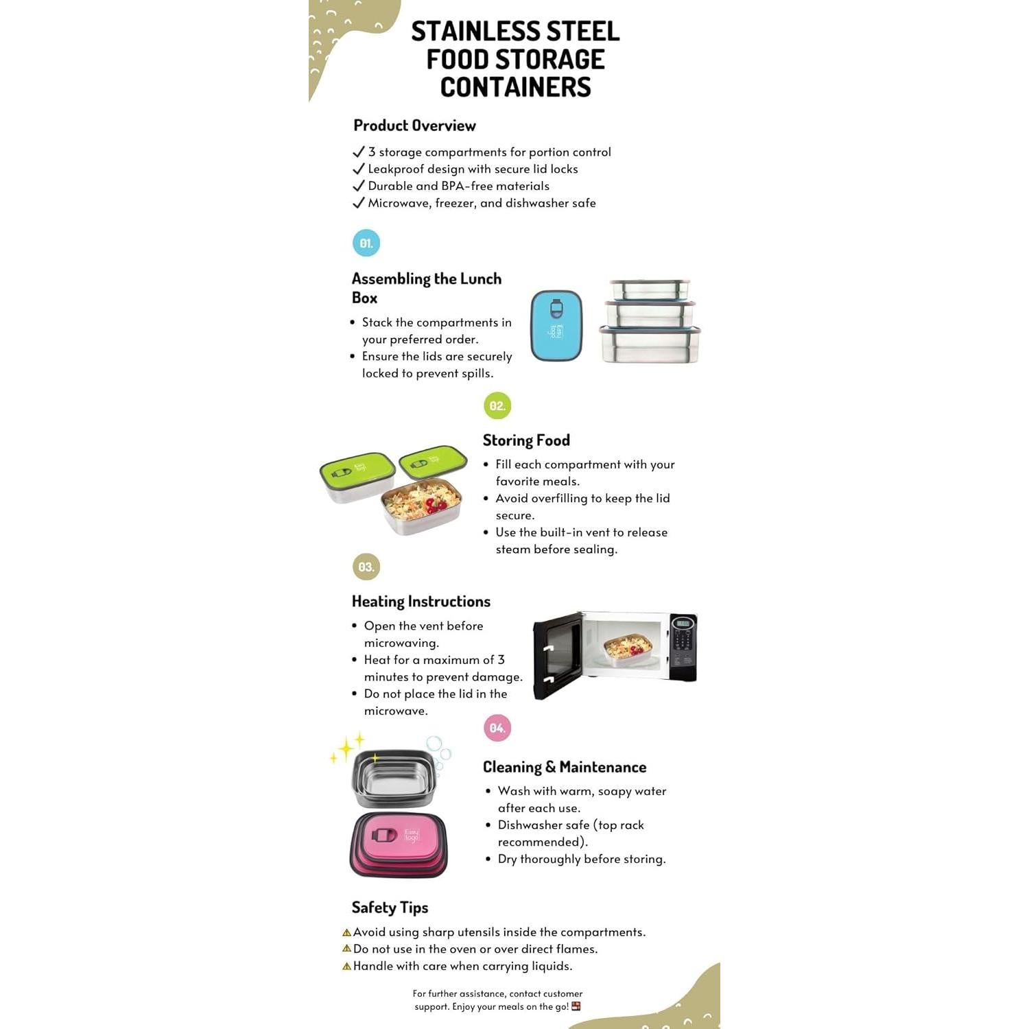 Juego de 3 Contenedores de Almuerzo Easy Togo Acero Inoxidable 2.1L