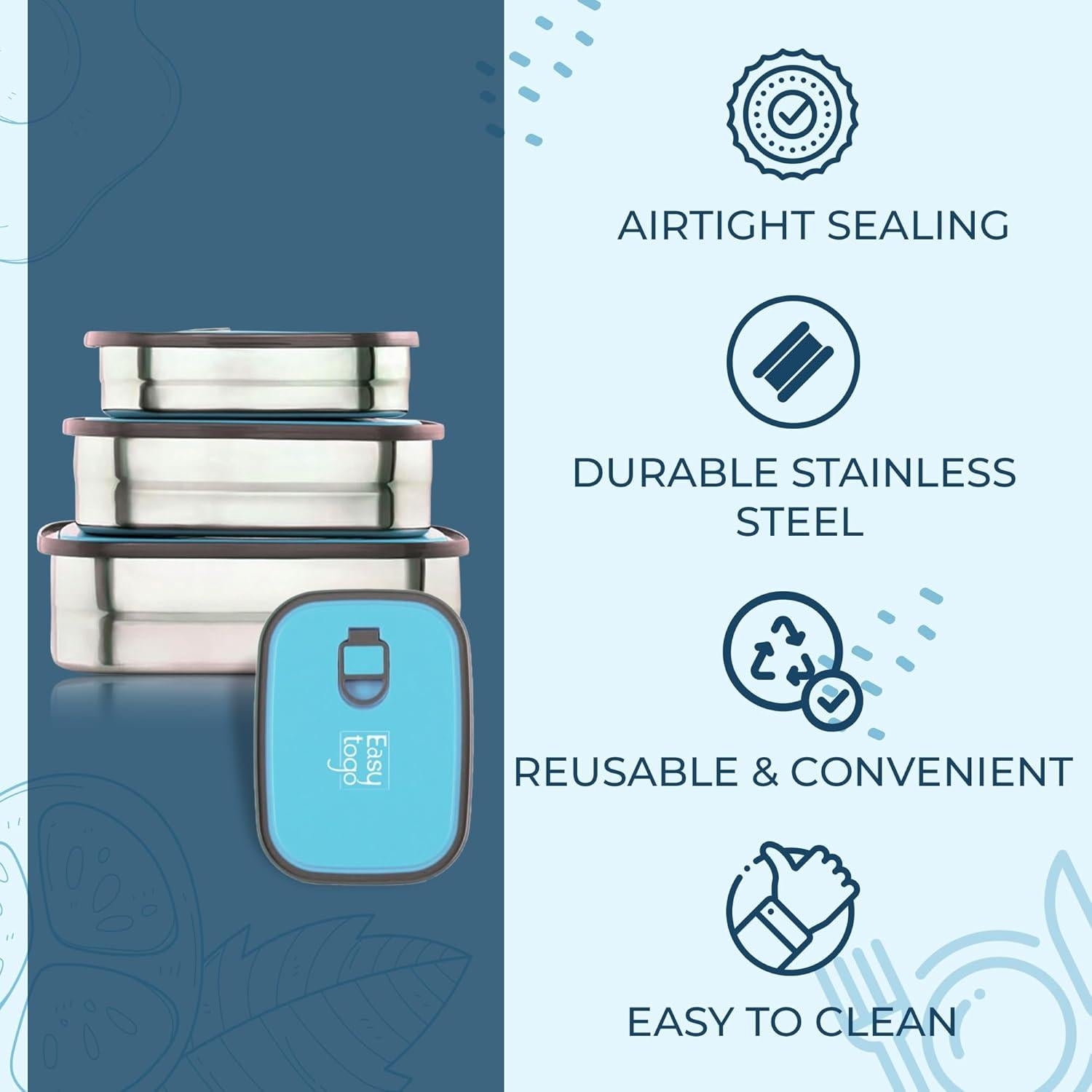 Juego de 3 Contenedores de Almuerzo Easy Togo Acero Inoxidable 2.1L