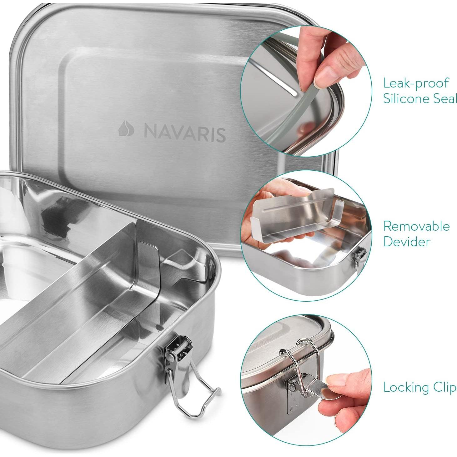 Caja de Almuerzo de Acero Inoxidable Navaris 1400ml con Divisor