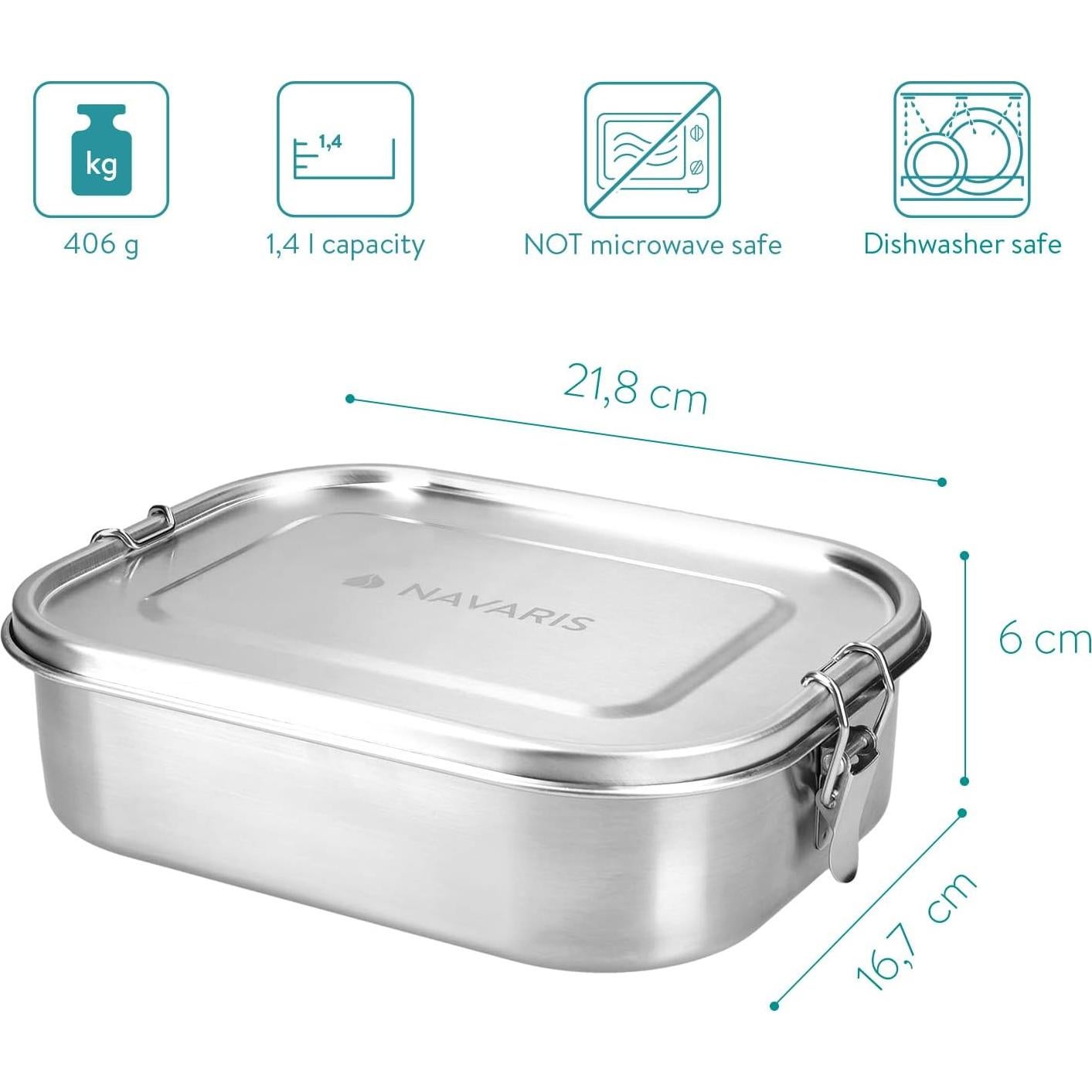 Caja de Almuerzo de Acero Inoxidable Navaris 1400ml con Divisor