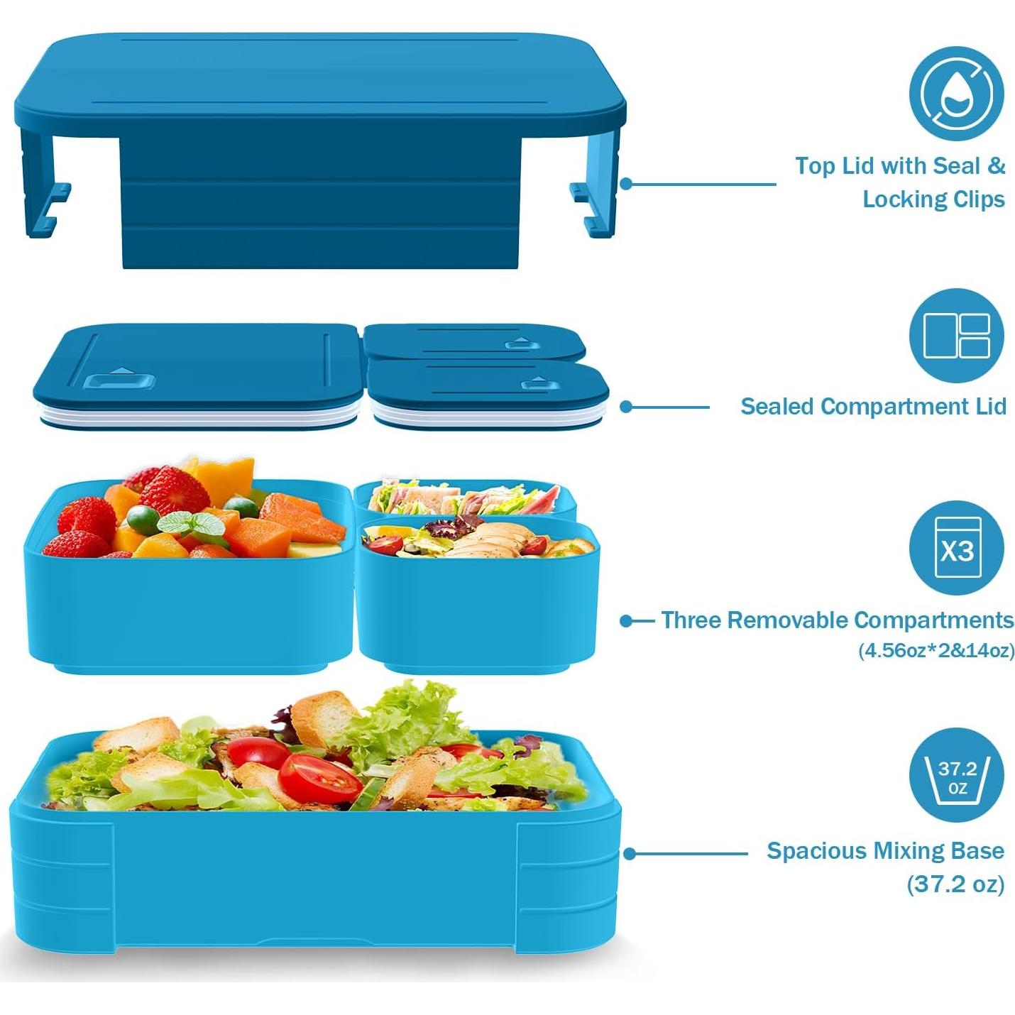 Caja Bento Almuerzo 1.1L Azul Marino 3 Compartimentos PP