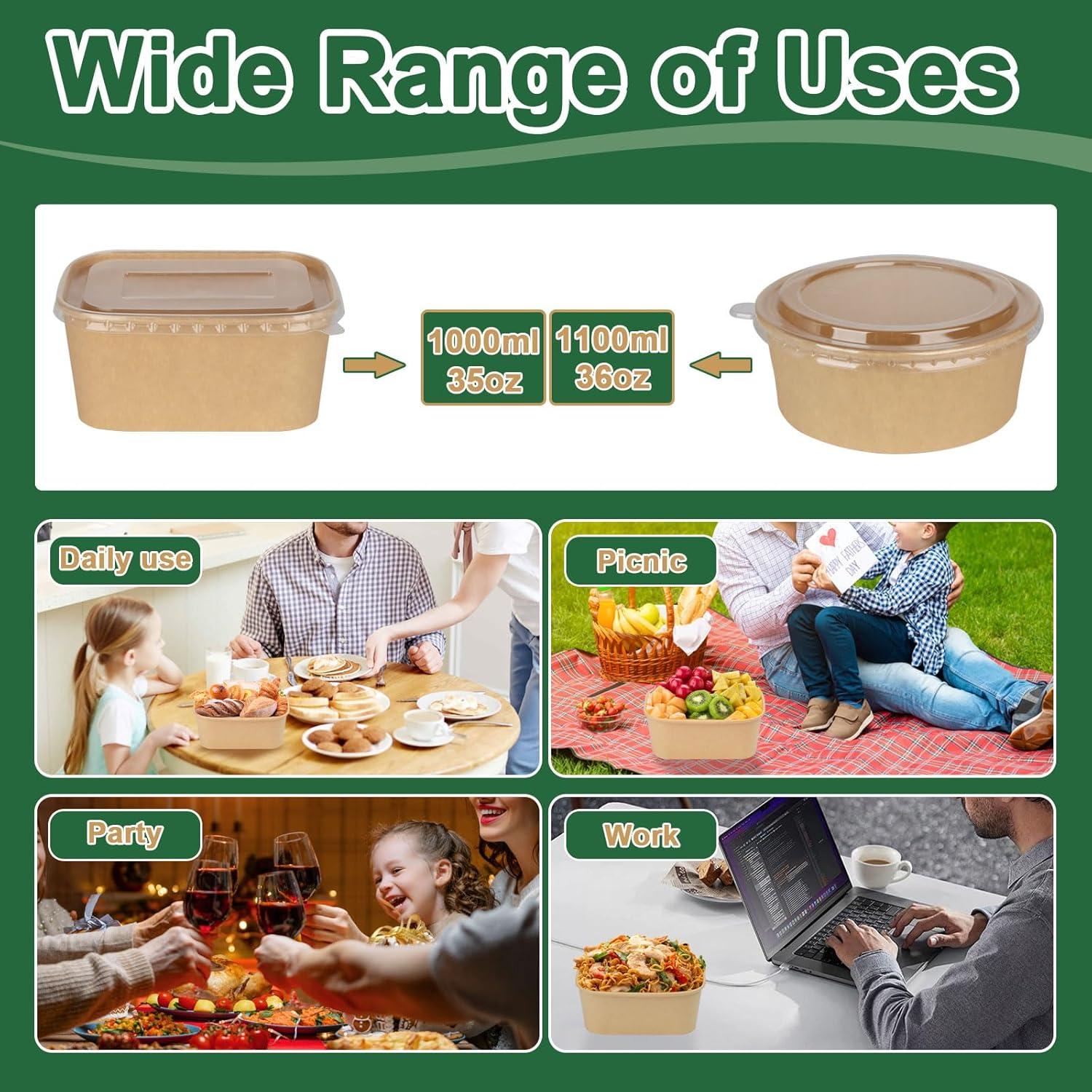 Paquete de 50 Contenedores de Comida Kraft 1034ml con Tapas