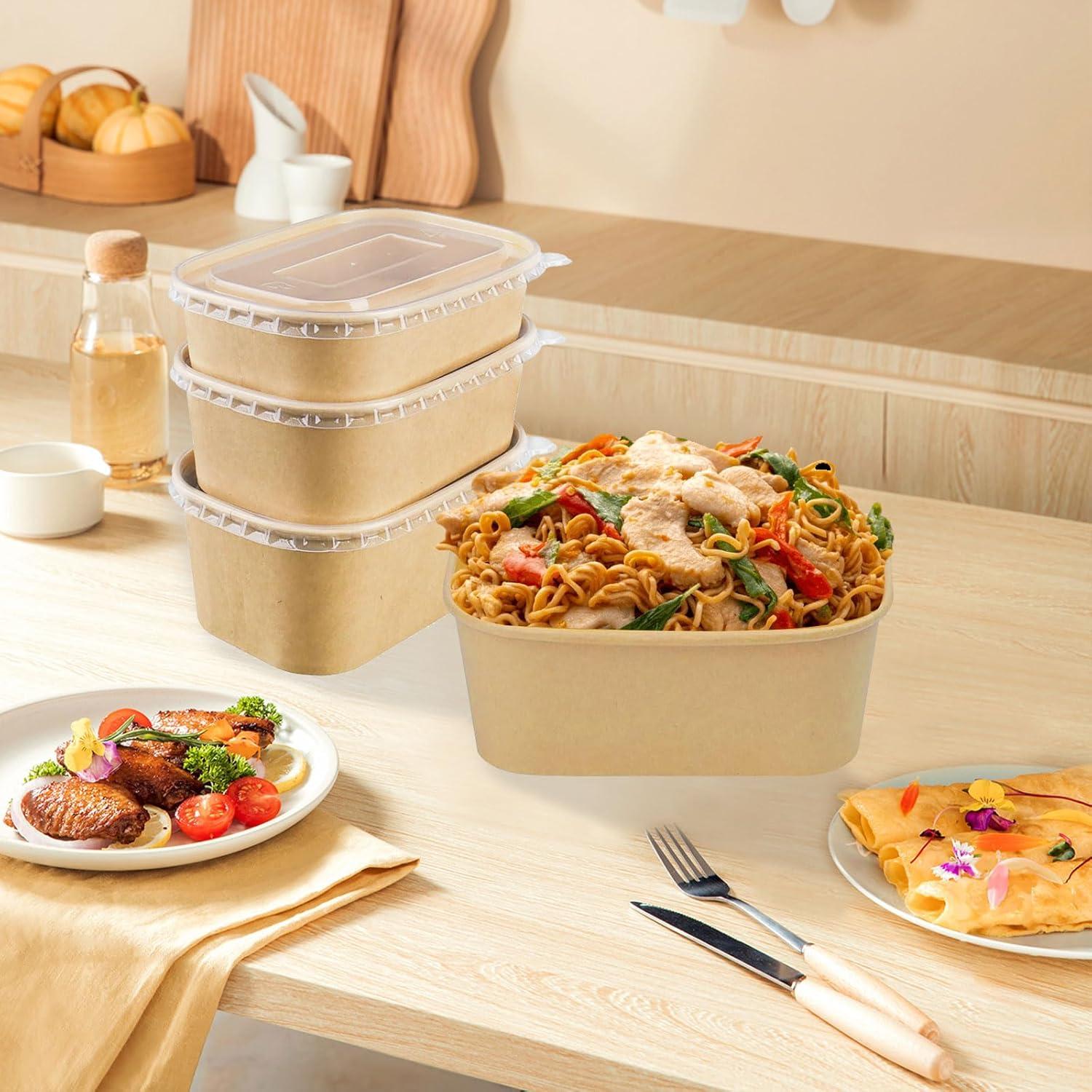 Paquete de 50 Contenedores de Comida Kraft 1034ml con Tapas