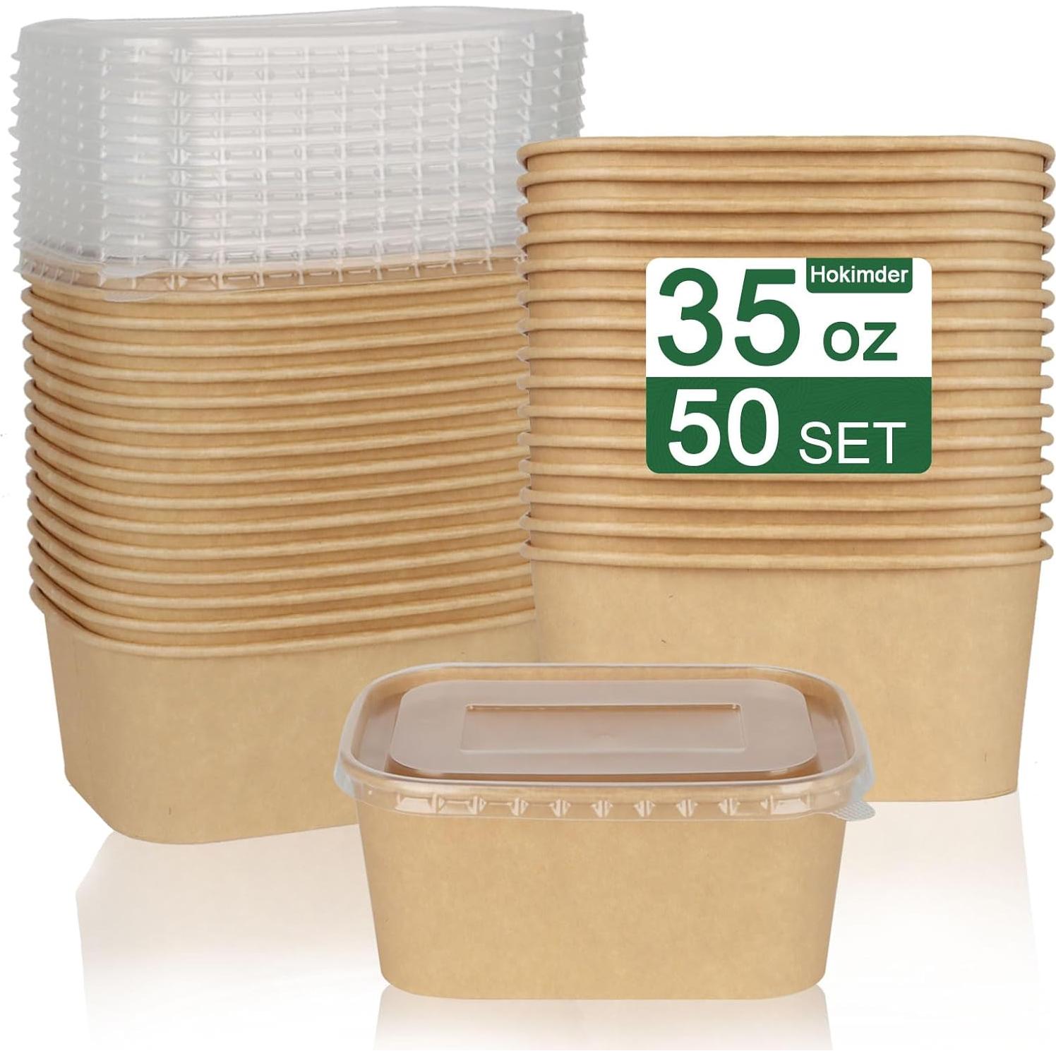 Paquete de 50 Contenedores de Comida Kraft 1034ml con Tapas