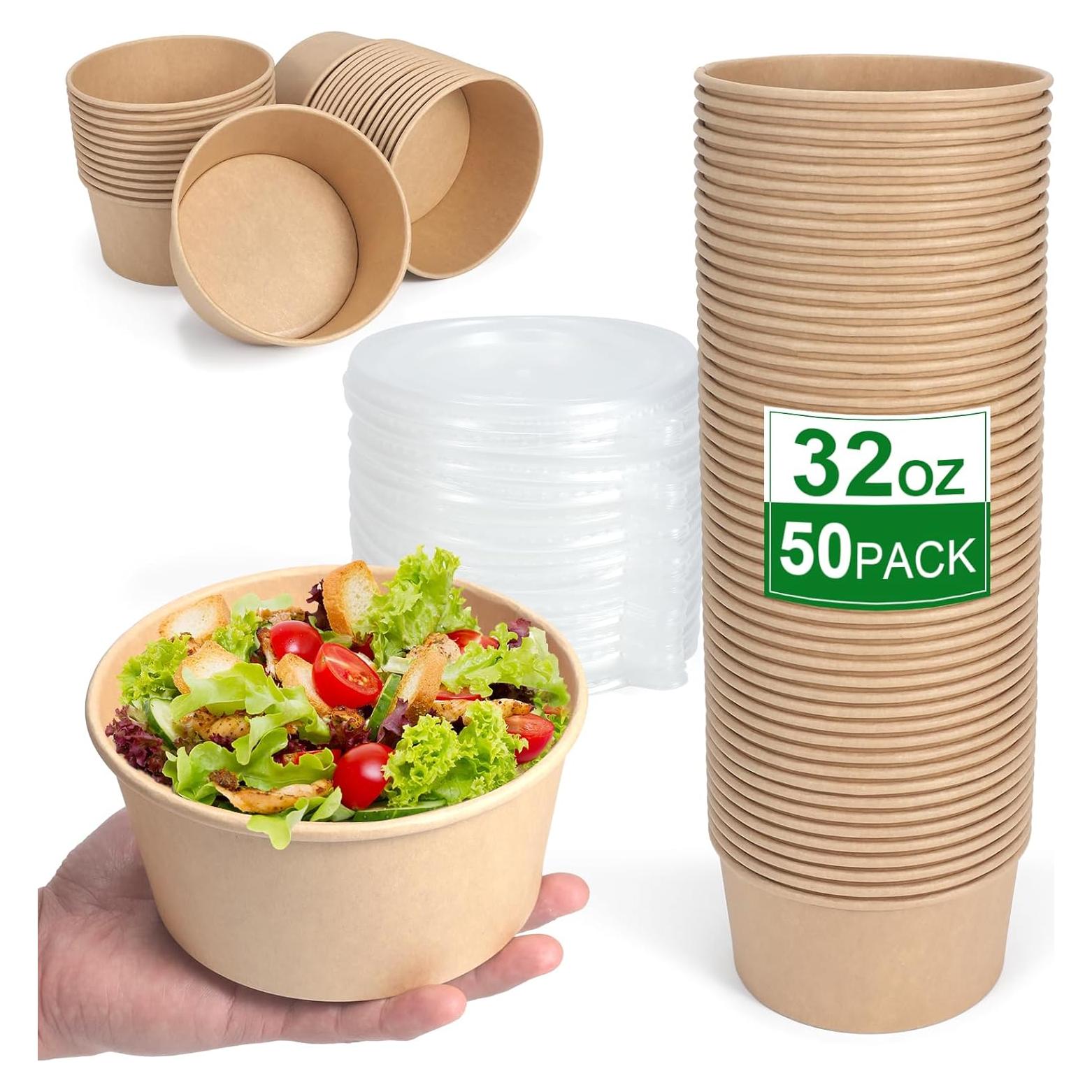50 Cuencos Desechables 32 Oz DUIBAOCHUN con Tapas - Papel Ecológico