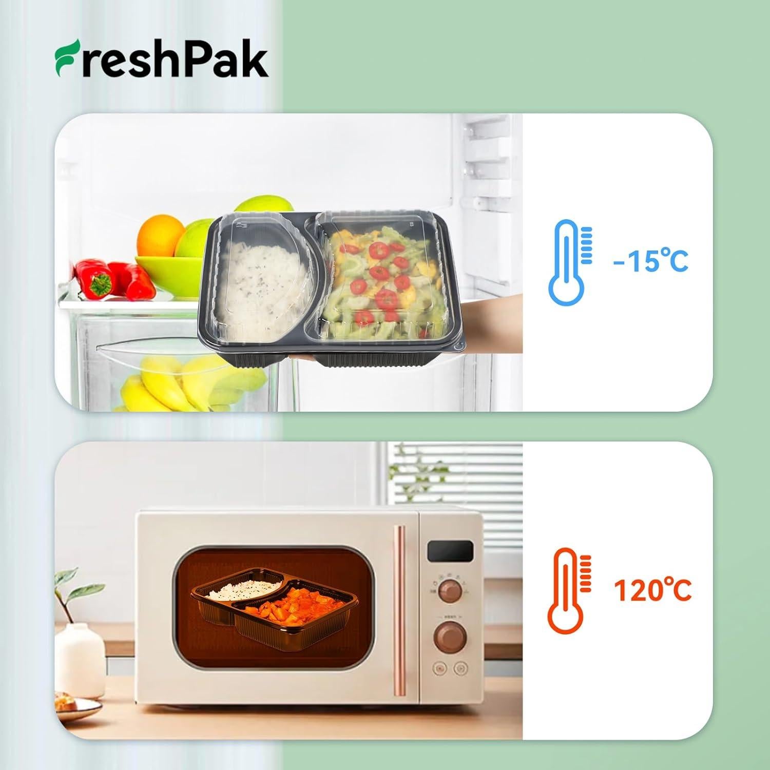 Envases Reutilizables FRESHPAK 40oz 2 Compartimentos Negros