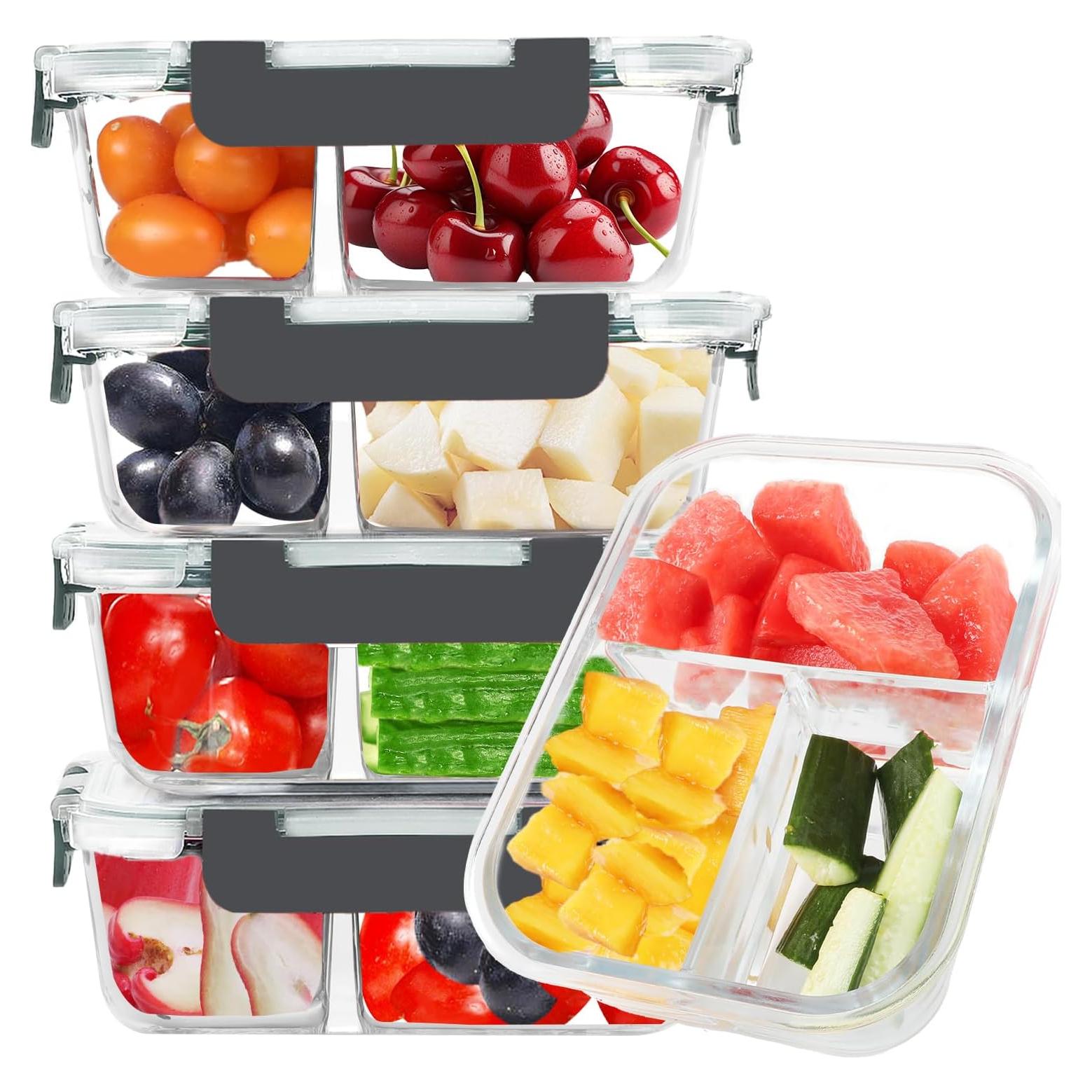 Contenedores de Vidrio para Comidas BAYZZ 5 Piezas 1.04L 3 Compartimentos