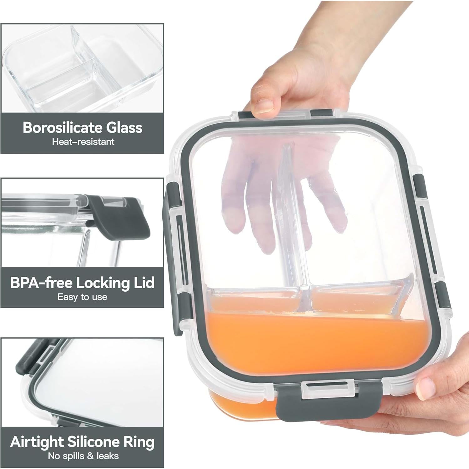 Contenedores de Vidrio para Comidas BAYZZ 5 Piezas 1.04L 3 Compartimentos