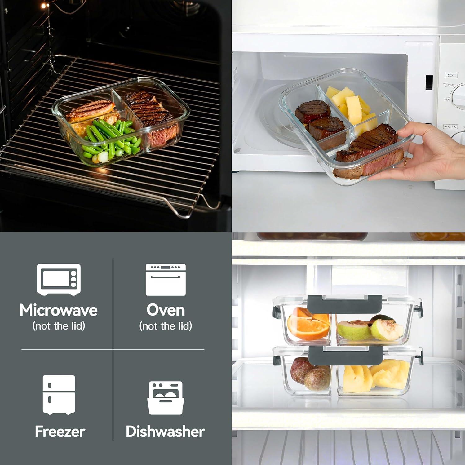 Contenedores de Vidrio para Comidas BAYZZ 5 Piezas 1.04L 3 Compartimentos