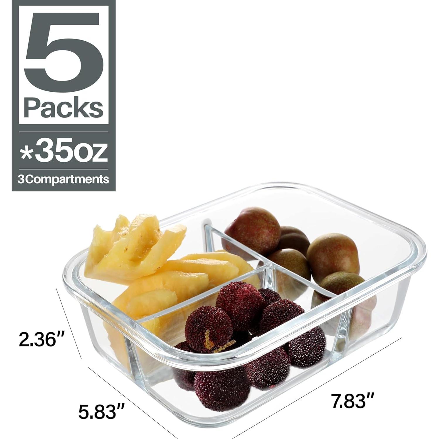 Contenedores de Vidrio para Comidas BAYZZ 5 Piezas 1.04L 3 Compartimentos