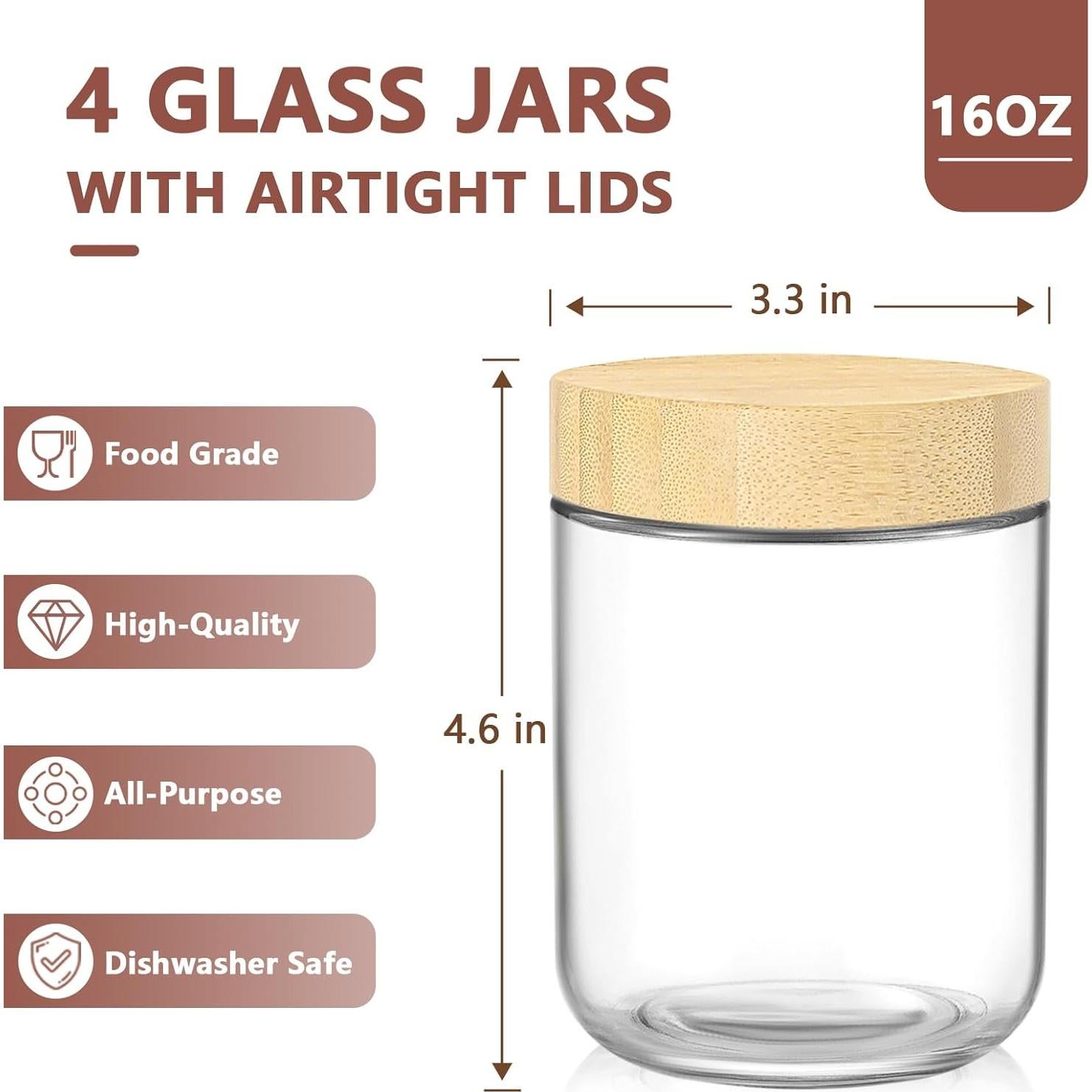 Tarros de Vidrio DRKIO 473 ml con Tapas de Bambú - 4 Unidades