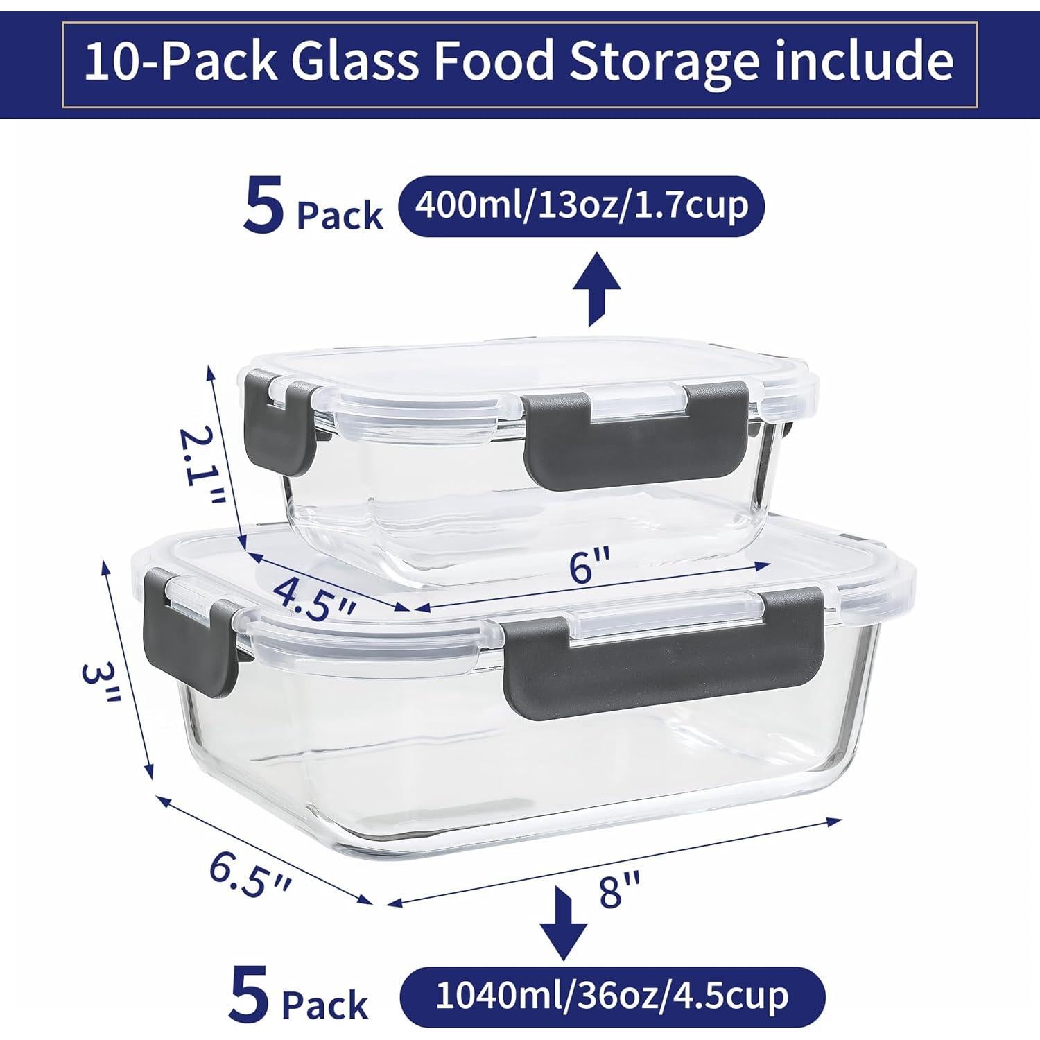 Contenedores de Almacenamiento de Vidrio MFY 10-Pack 1.02L y 0.38L