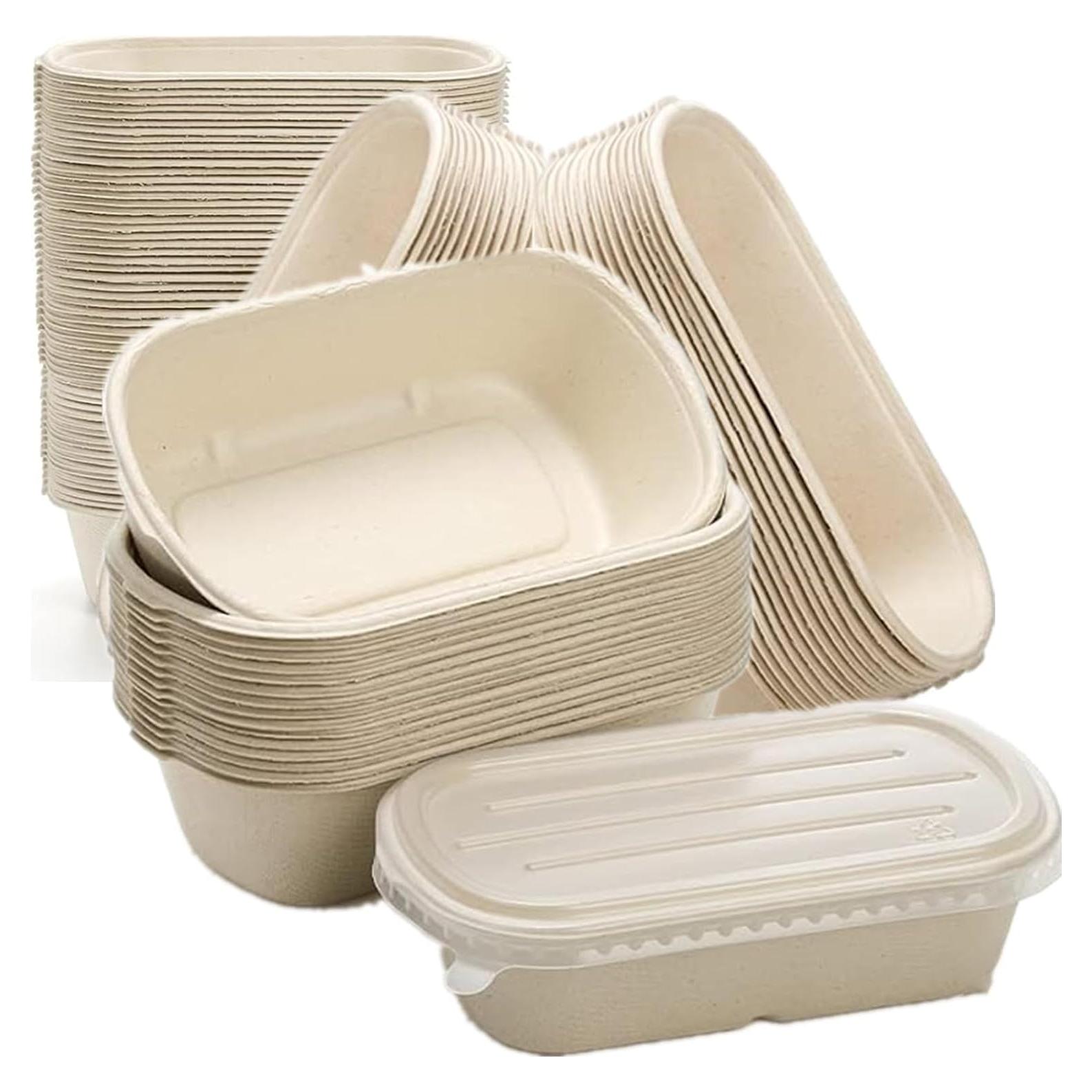 Paquete de 50 Tazones de Papel Bagasse 700ml con Tapa NROZIET