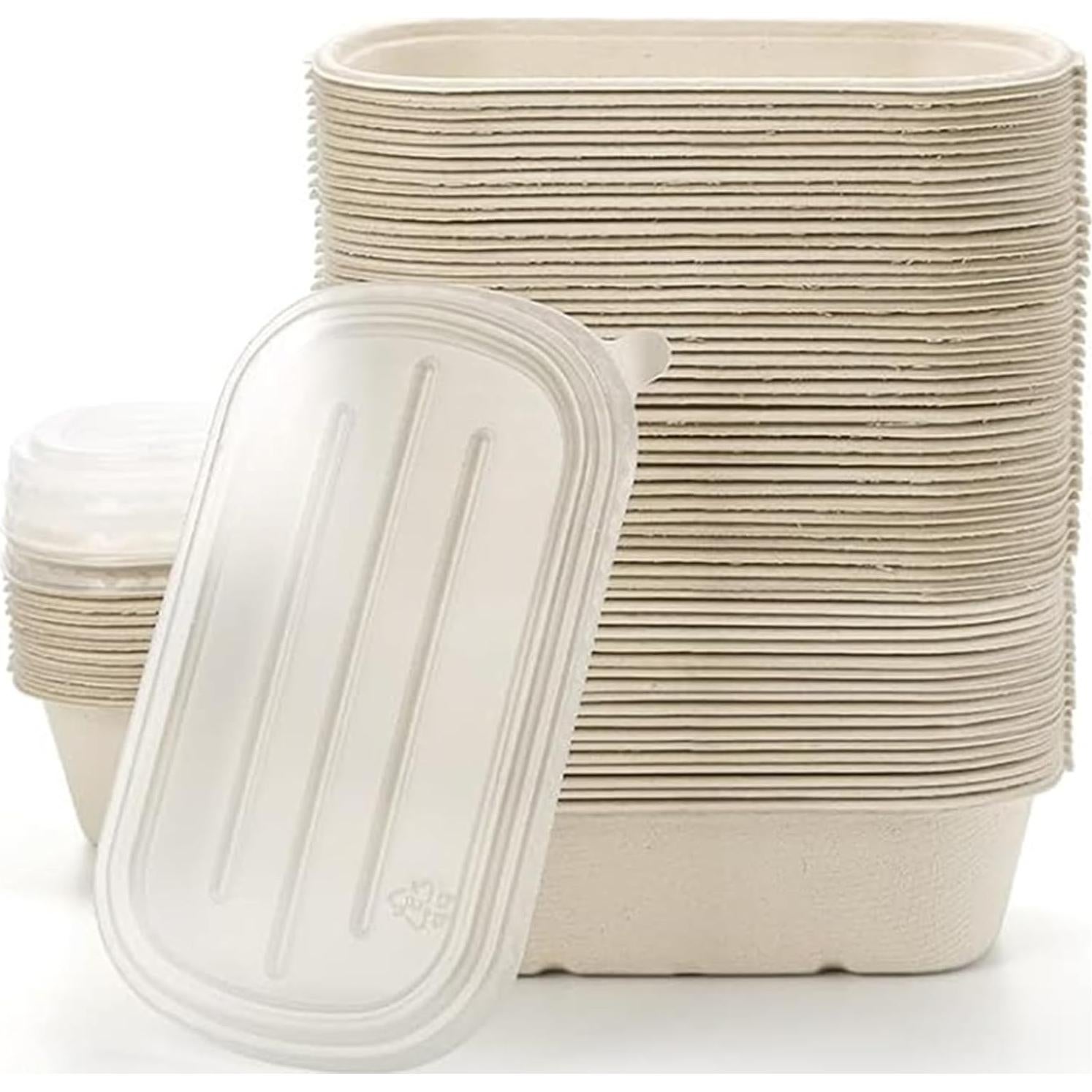 Paquete de 50 Tazones de Papel Bagasse 700ml con Tapa NROZIET