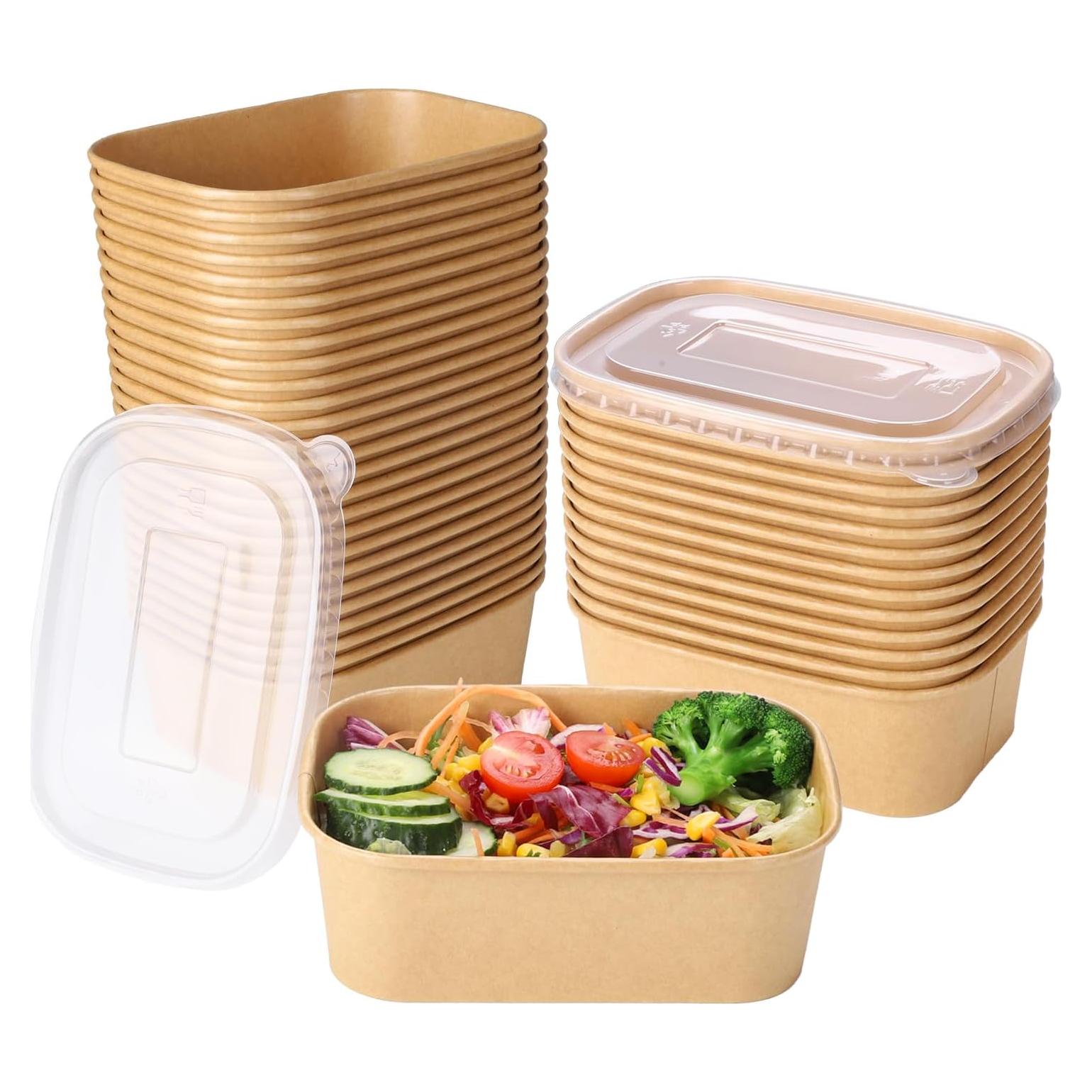 50 Tazones de Papel Kraft 750ml con Tapas Belinlen Desechables