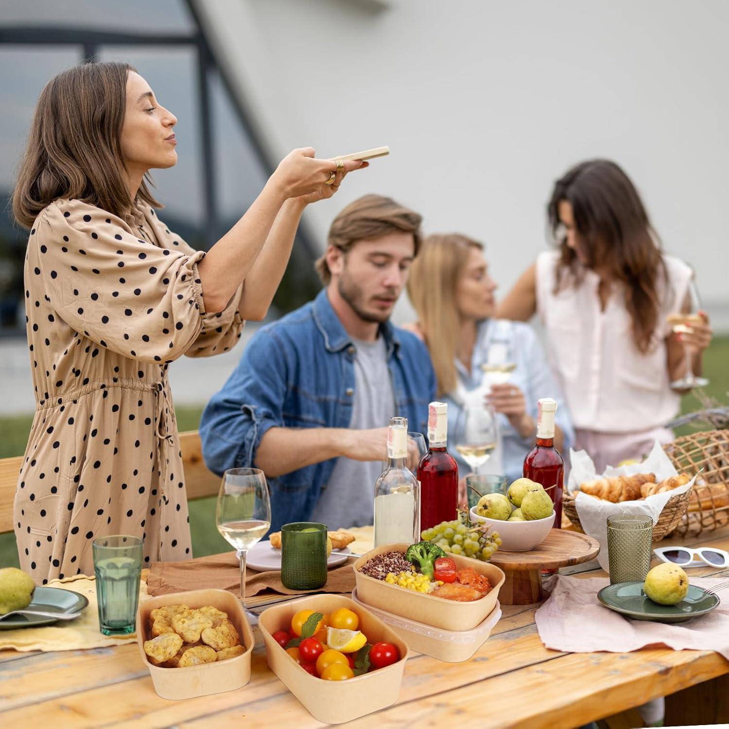 50 Tazones de Papel Kraft 750ml con Tapas Belinlen Desechables